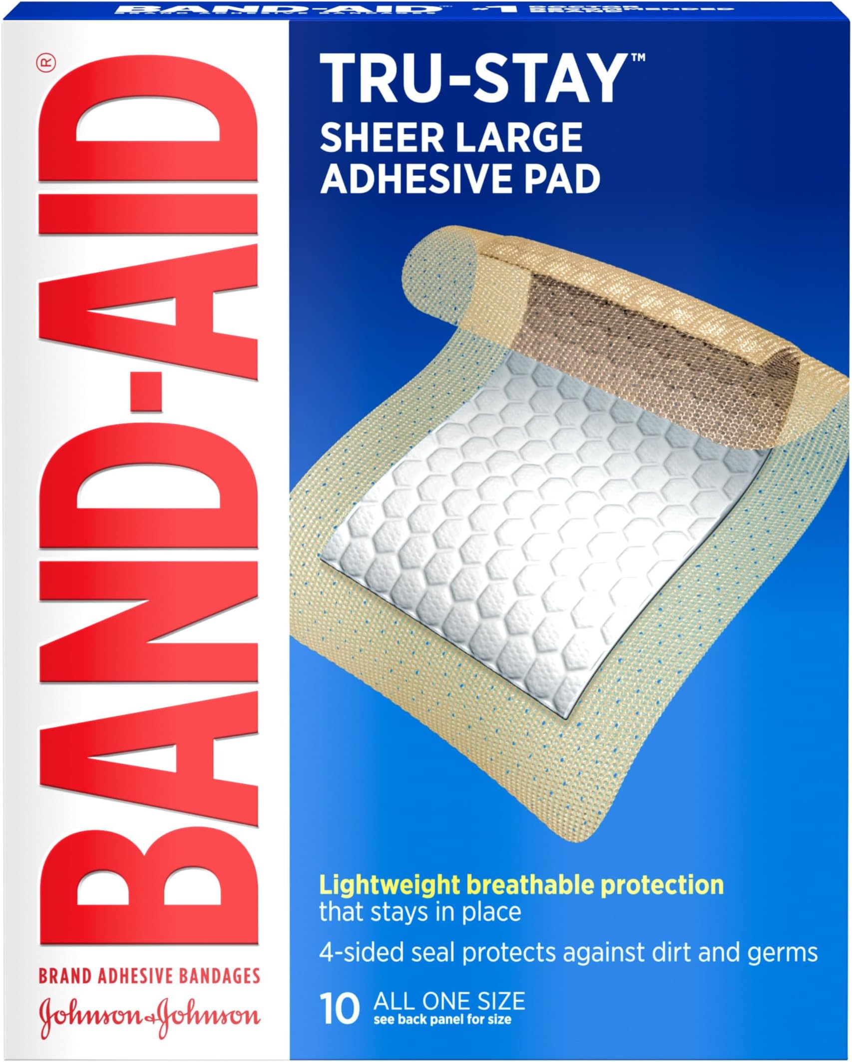 Brand Tru-Stay Adhesive Pads, Large Sterile Bandages for Wound Care, Large Size, 10 ct