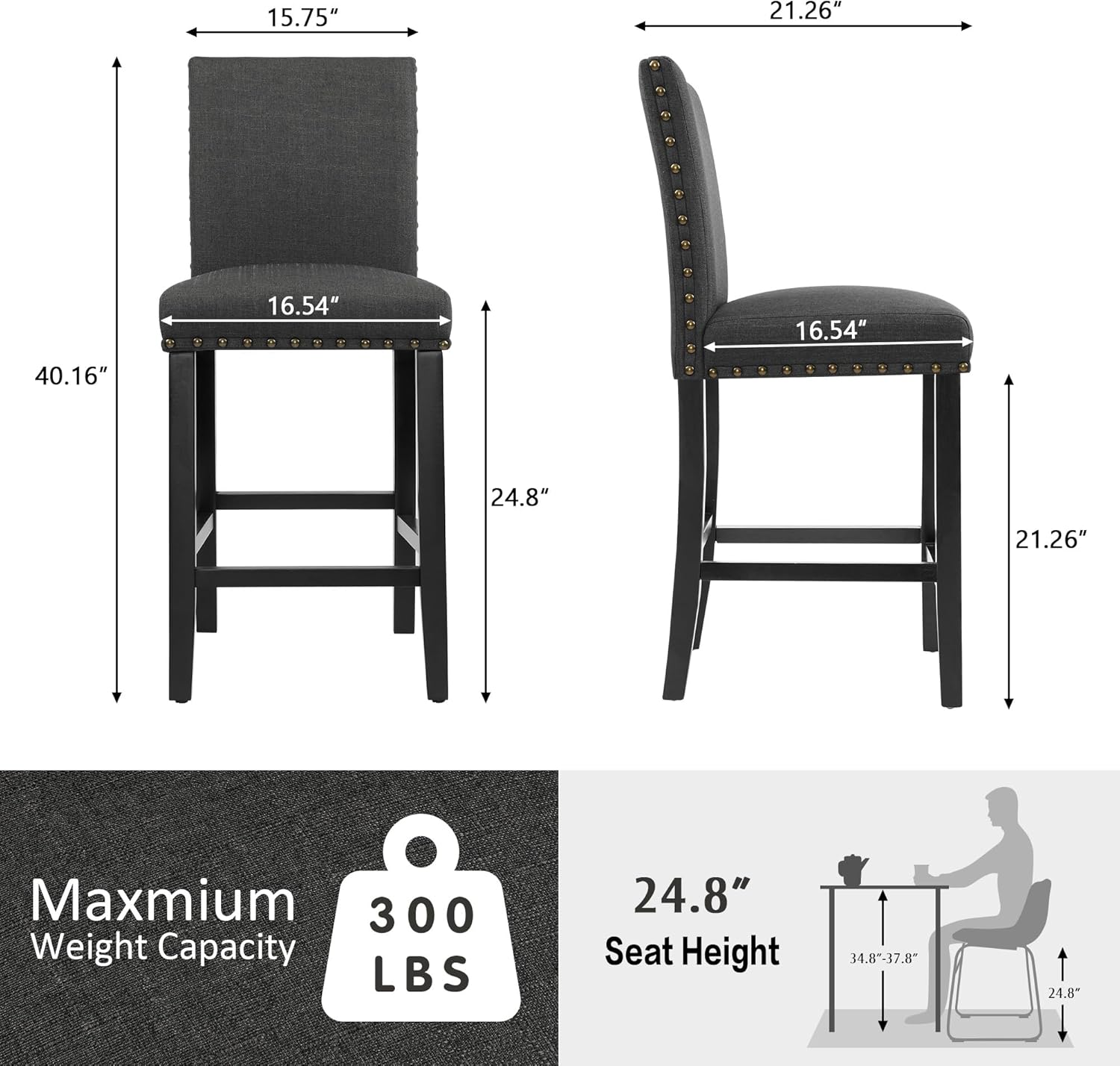 Detailed dimensions diagram of the bar stool, showing height, width, depth, and seat height measurements.