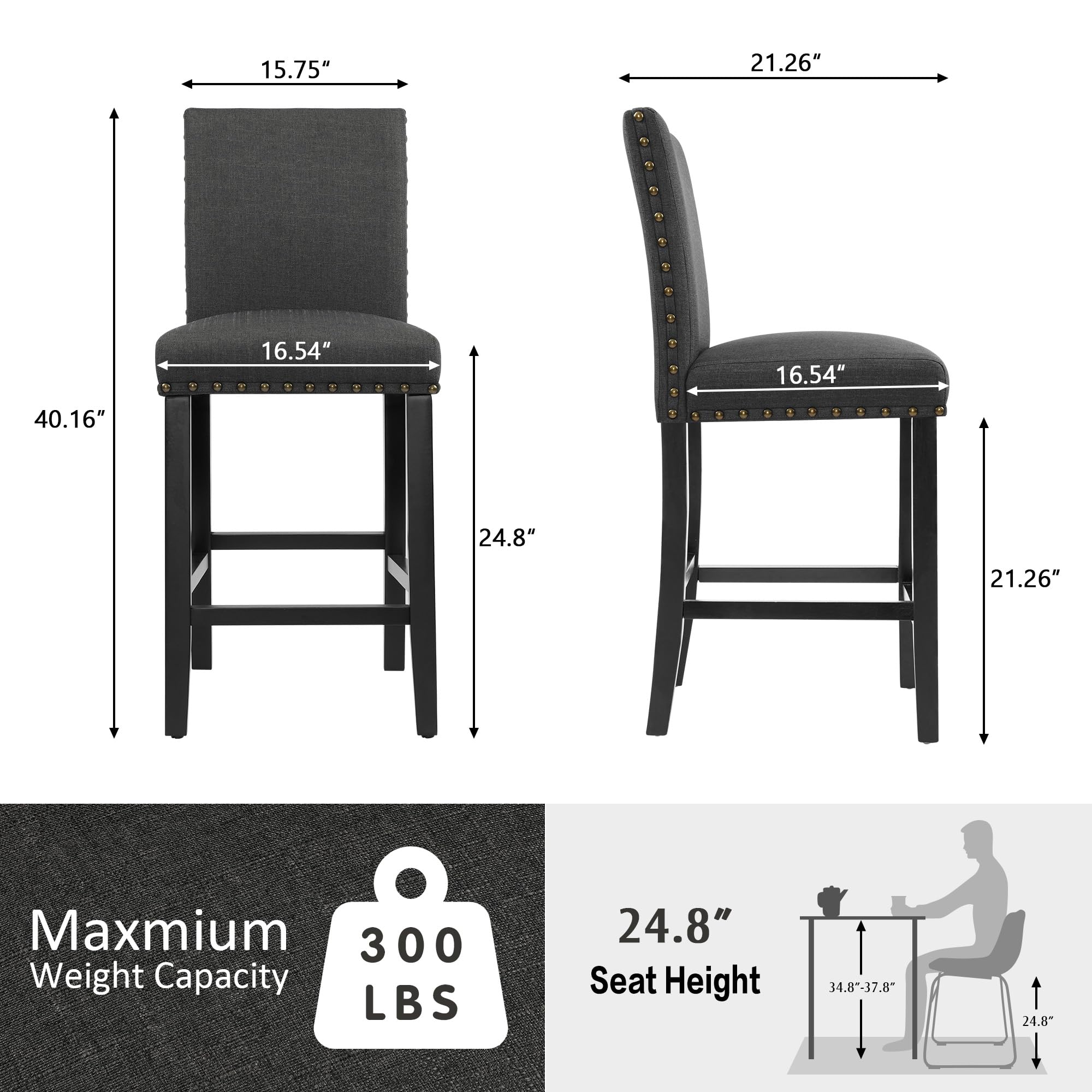 GOTMINSI Bar Stools Set of 4,Nailhead 24 Inches Counter Height Bar Stools for Kitchen Island Upholstered Barstools with Solid Wood Legs for Kitchen, Dining, Bedroom (Charcoal)
