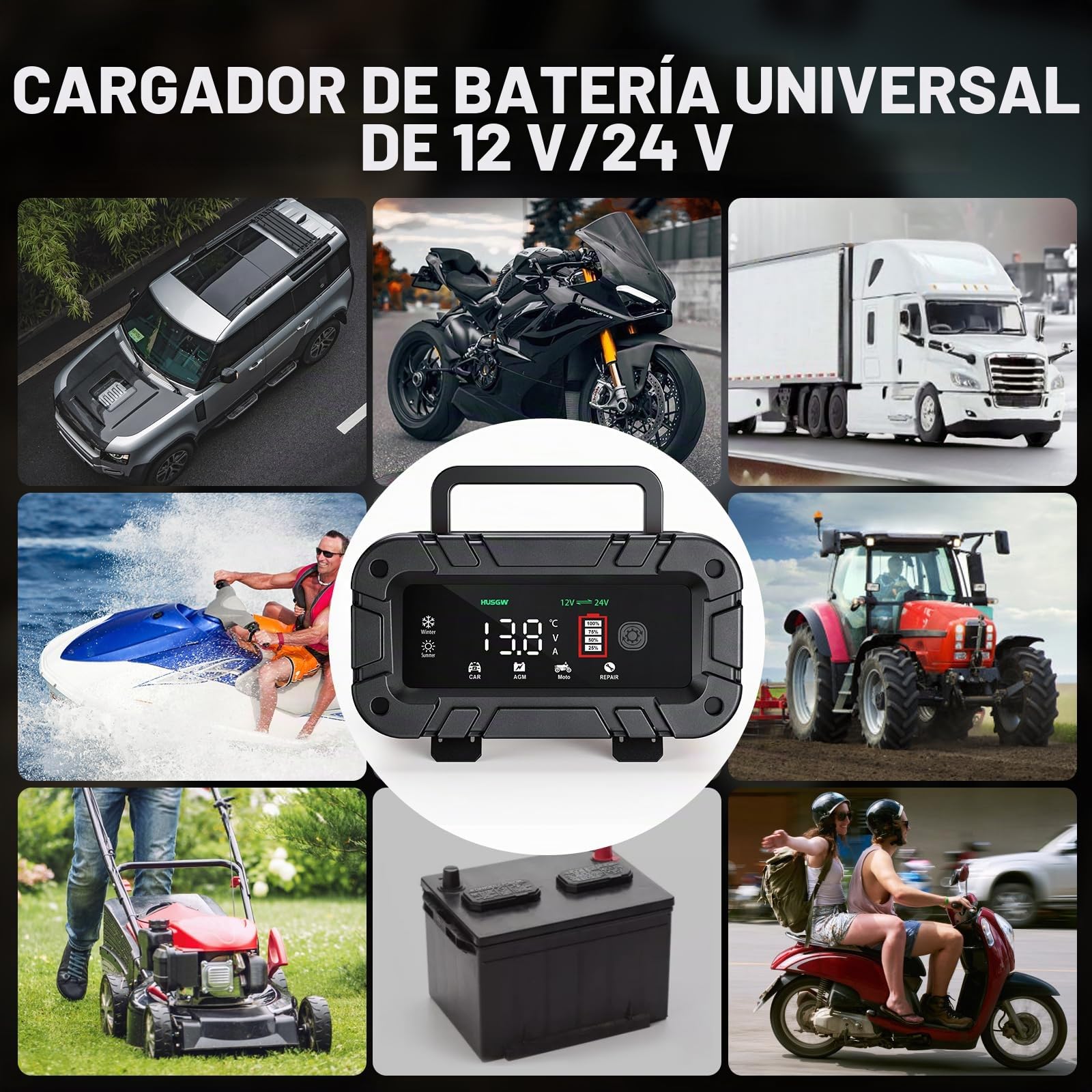 12V20A 24V10A Cargador de Baterías, Cargador Bateria Moto Inteligente con Función de Reparación Mantenedor de Carga Automático, Pantalla LCD, para Coche, Moto, Camión, AGM, Gel, Húmedo, SLA