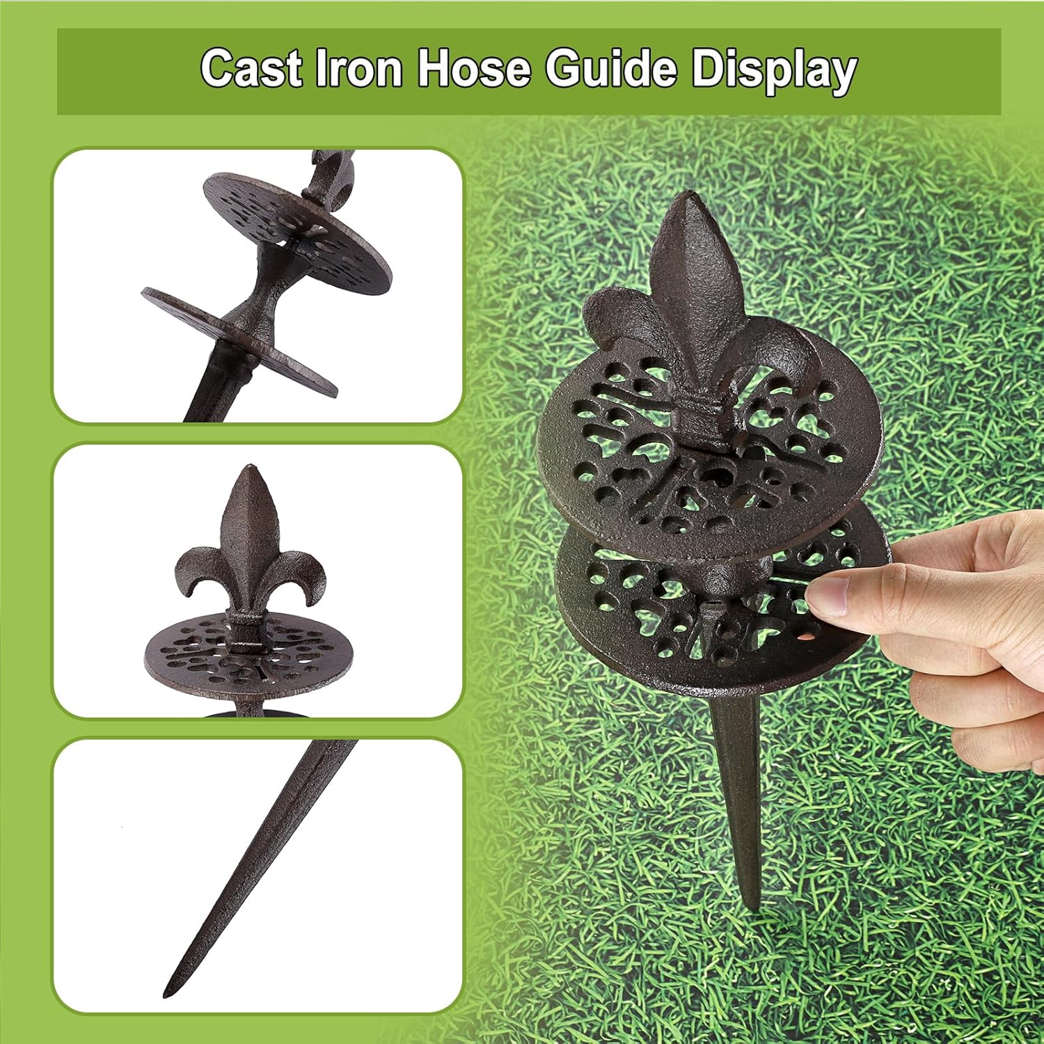 OwnMy Set of 2 Cast Iron Garden Hose Guide Stakes Heavy Duty, Decorative Garden Hose Guide Spikes for Lawn Yard Outside Plants Protection - Keeping Hoses Away from Flower Beds, Spear-Pattern