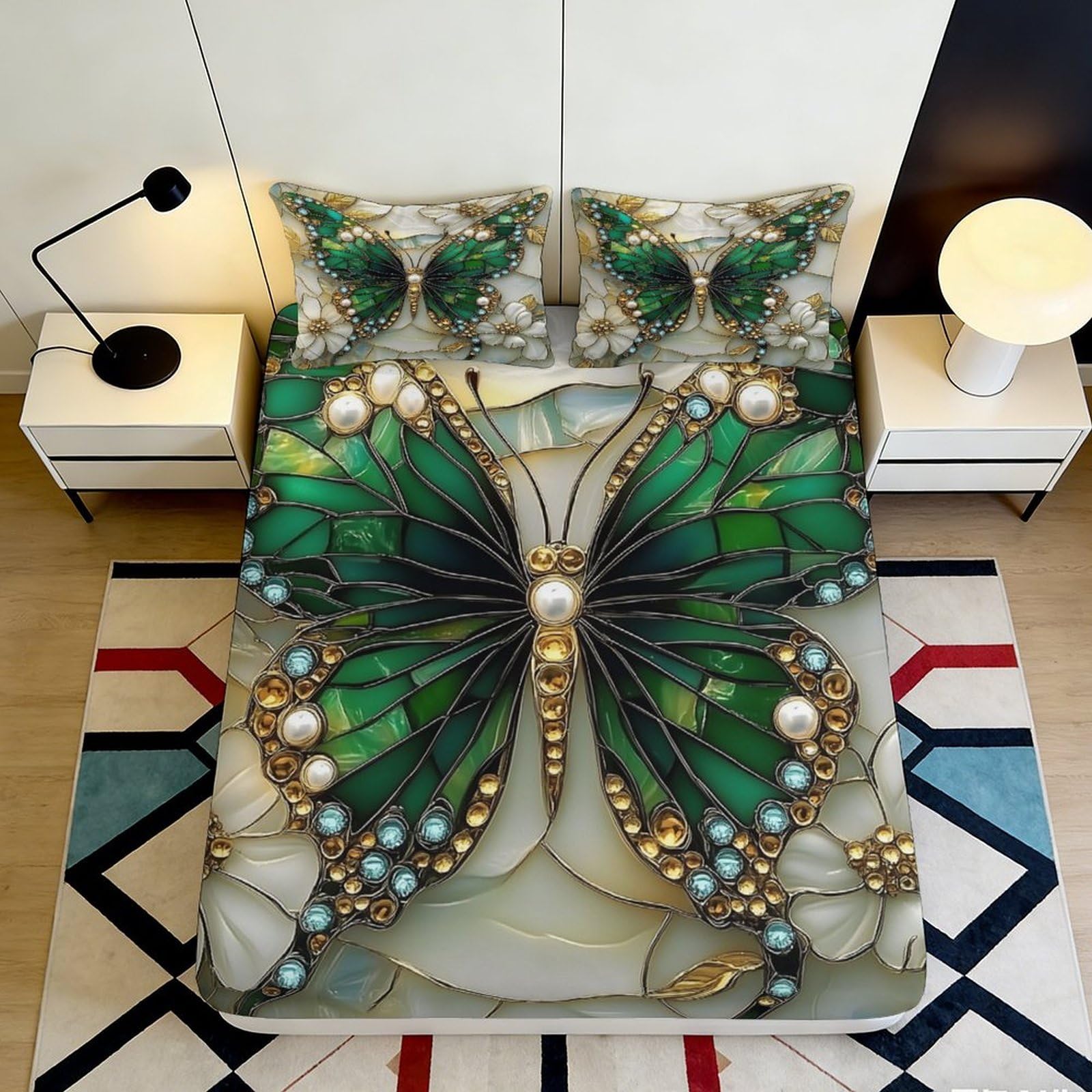 Pnayamiorkfel Style-6 3D Printed Emerald Butterfly Fitted Sheet Microfiber Non-Slip Mattress Cover Artistic Bed Decor Machine Washable For Bedroom Guestroom 90X200x25cm