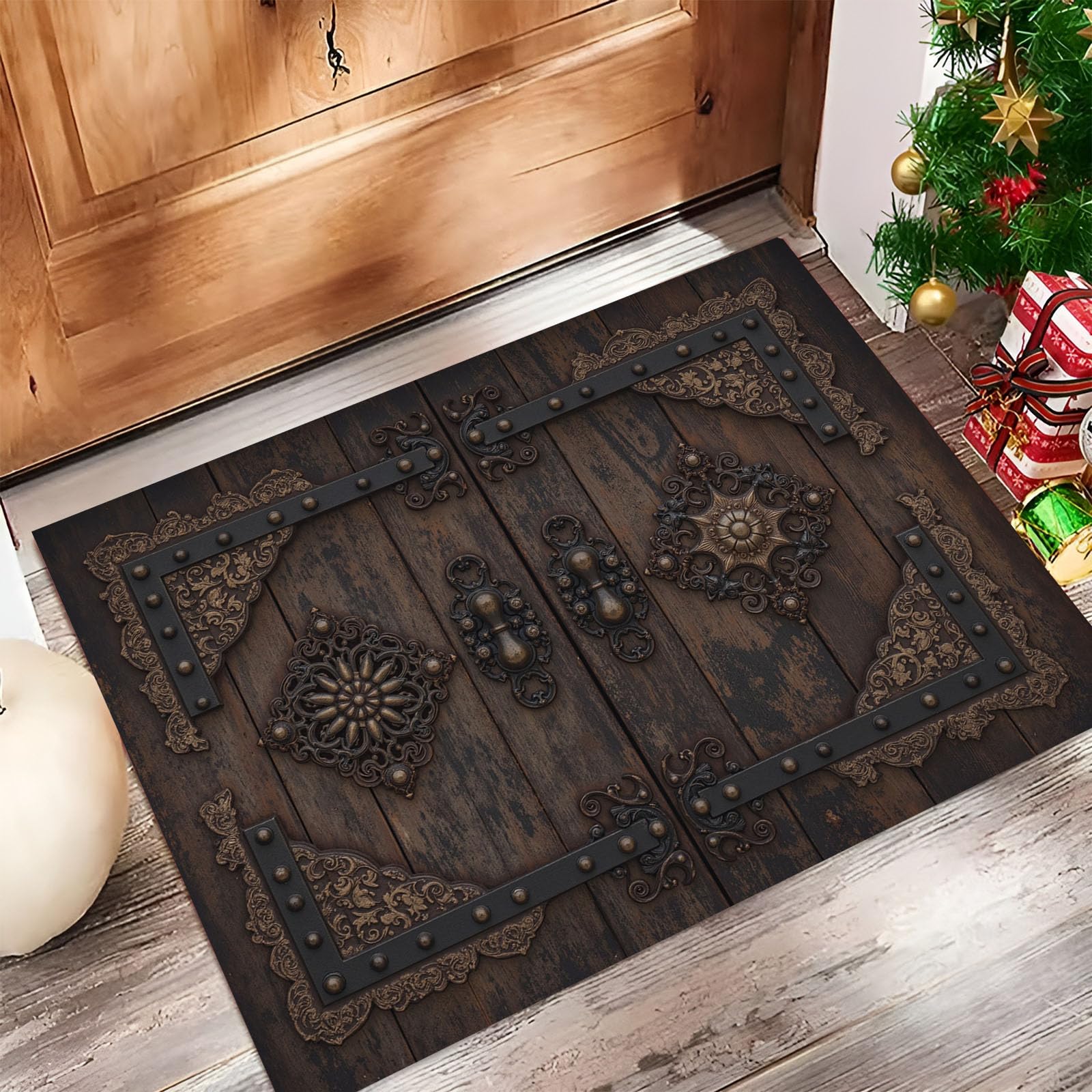 Paillasson porte en bois style rétro et tapis d'entrée église antidérapant brun foncé
