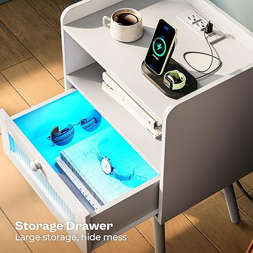Miniatura 6 de Juego de 2 mesitas de noche con estación de carga y tiras de luz LED, mesita de noche con cajón decorativo de cristal, mesa auxiliar con pies de