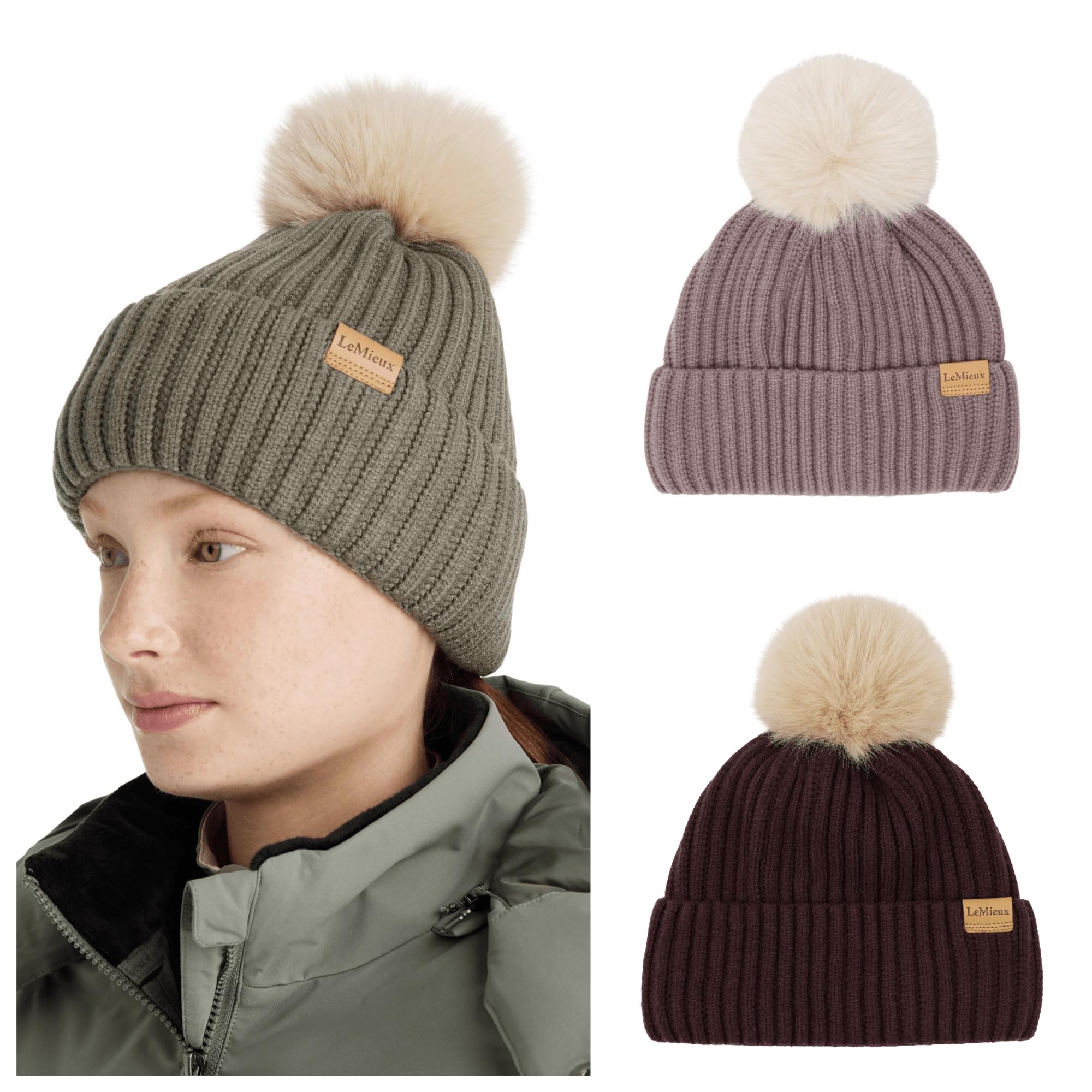 LeMieux Clara Rib Beanie Walnut | Rib Knit, Microfleece Lining, Faux Pom