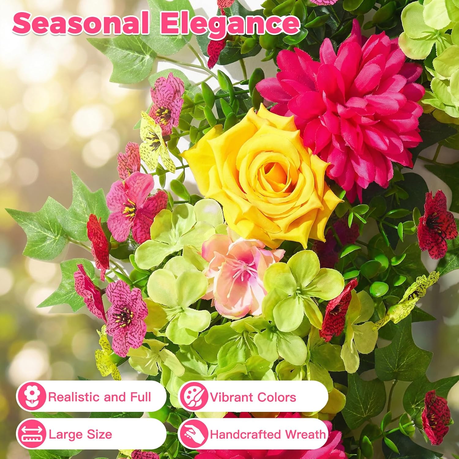 MARTINE MALL Spring Wreaths for Front Door 24 Inch Large Spring Summer Door Wreath Vibrant Colorful Hydrangea Rose Wreaths Artificial Flower Wreath for Indoor Outdoor Wall Farmhouse Porch Window Decor