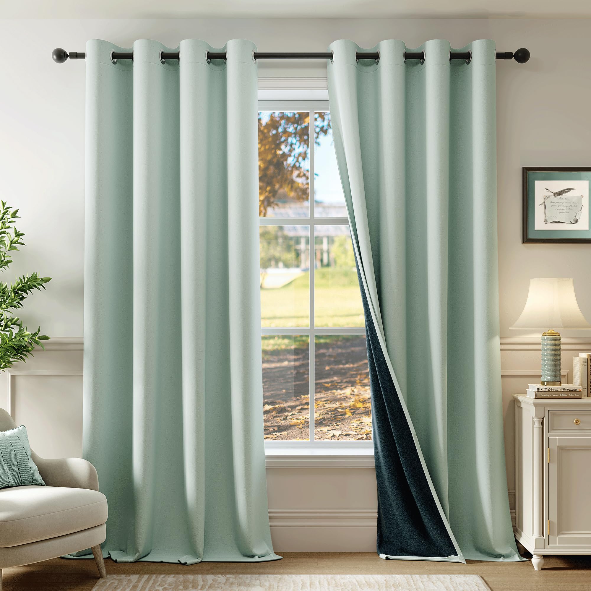 Beauoop 100% Blackout Curtains 54 Inch Long 2 Panels for Bedroom Living Room Seafoam Green Solid Room Darkening Thermal Insulated Soundproof Energy