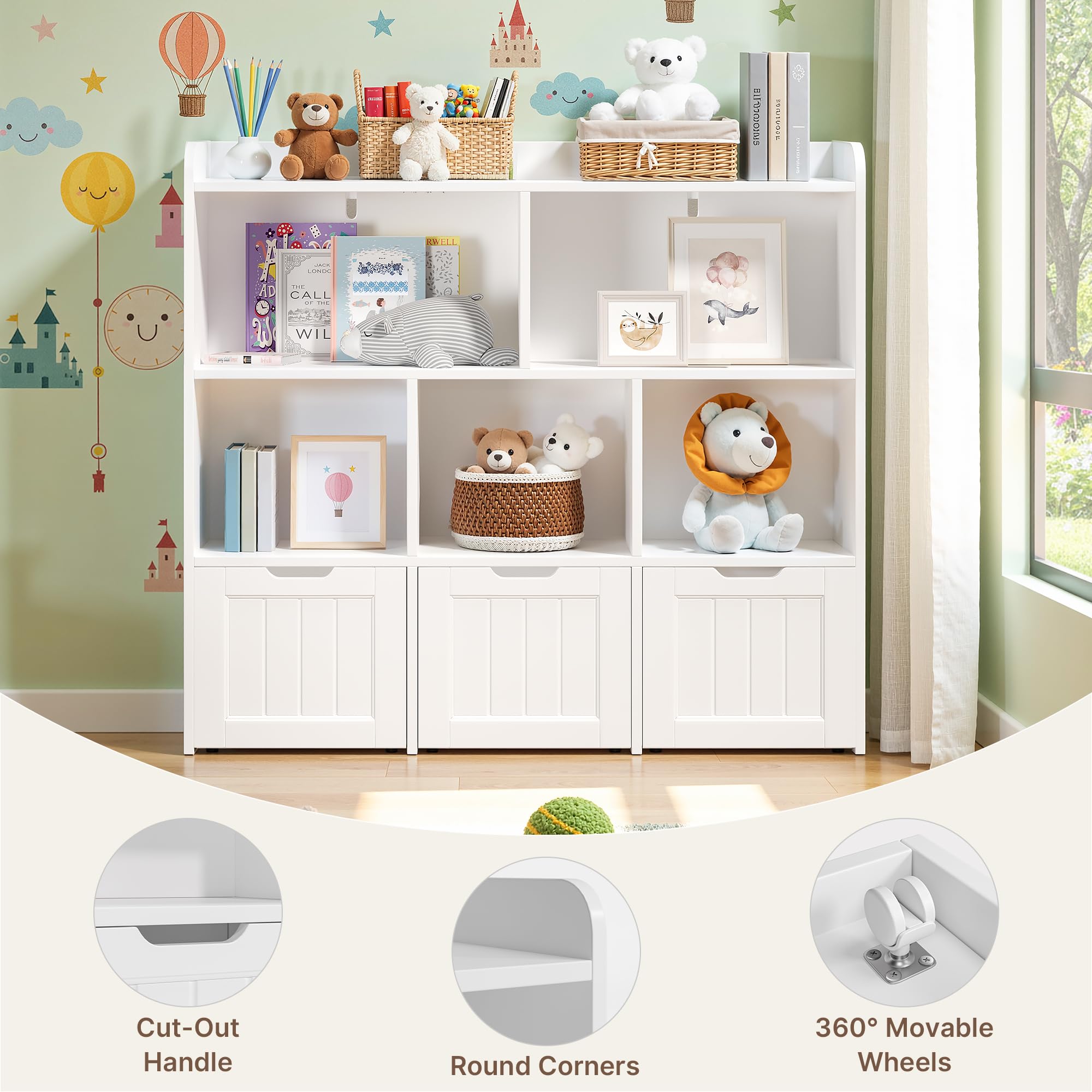 Xbro Meuble Rangement Jouets Enfant Bibliothèque avec 3 Tiroirs Coulissants et 6 Étagères Barrière Anti-Chute pour Chambre, Salle de Jeu, Blanc