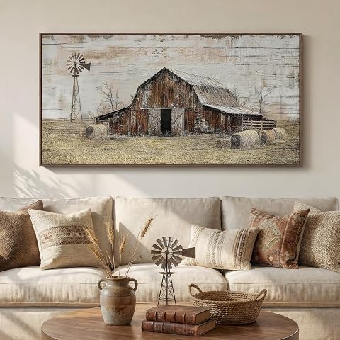 Large Framed Farmhouse Wall Art for Living Room, Vintage Rustic Barn Canvas Prin
