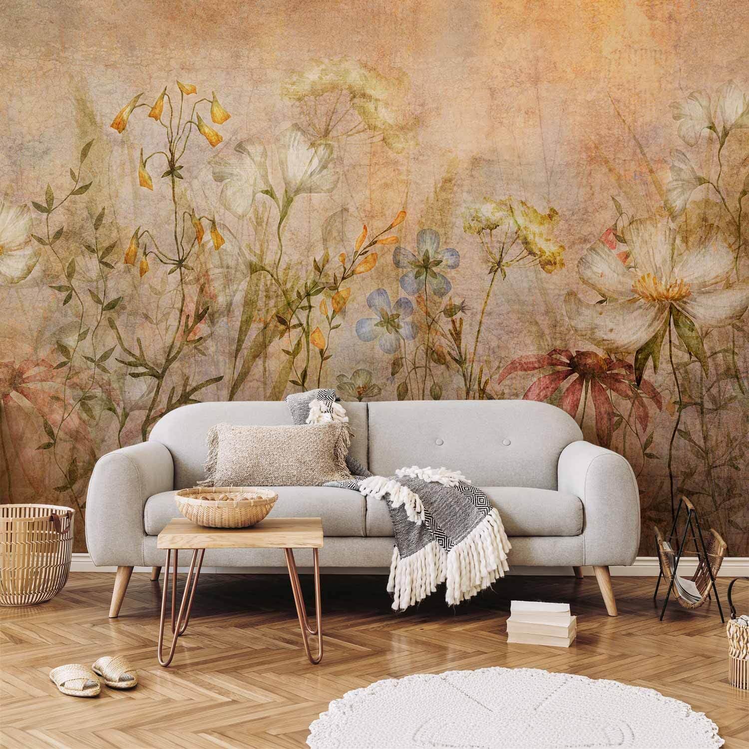 decomonkey Premium Fototapete Wiese Blumen, 350x256 cm, XXL, Vintage Stein | Braun, Grün, Beige, Vlies, Schlafzimmer, Wohnzimmer, Design, Tapete, Fototapeten, Tapeten, Vliestapete, Wandtapete, moderne