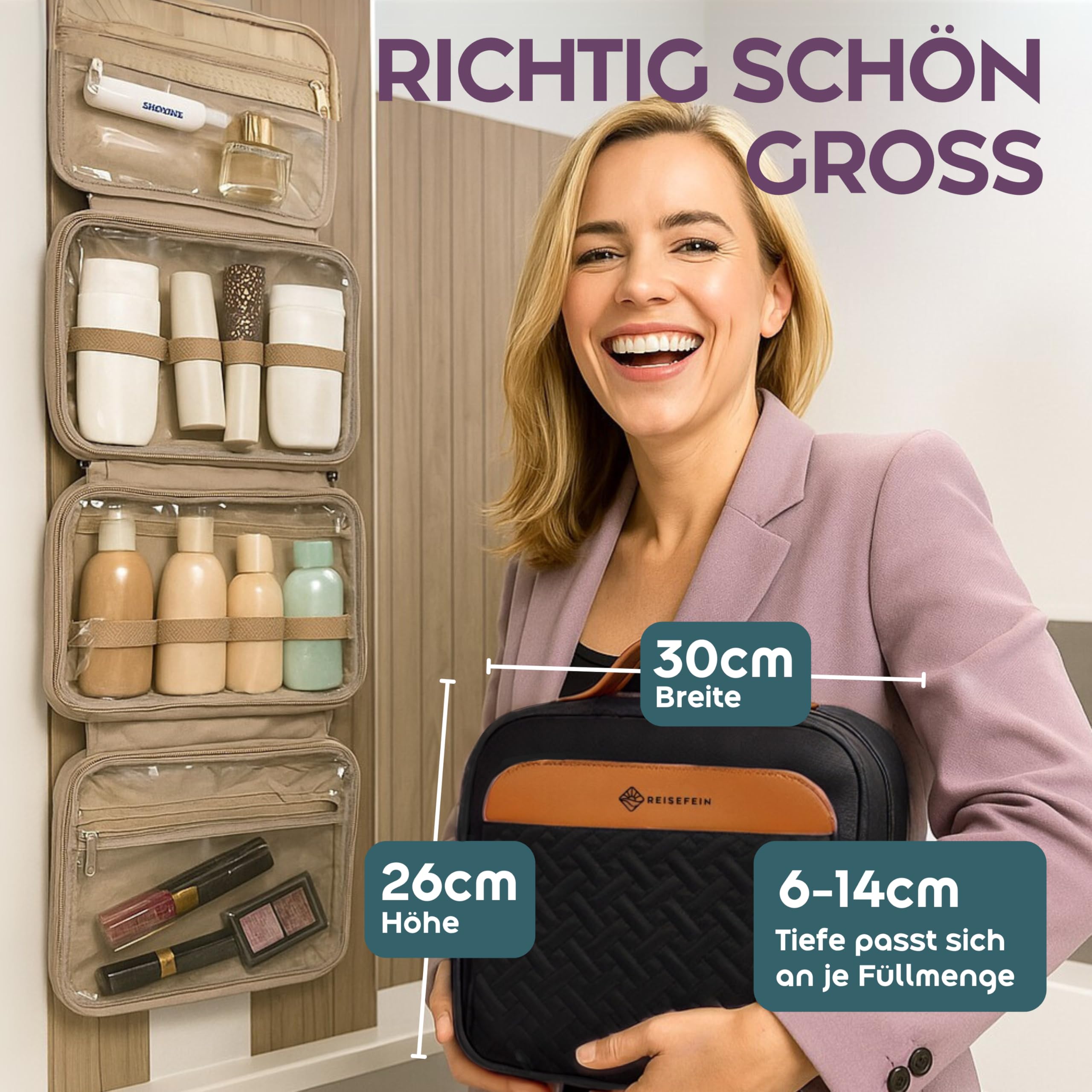 Neceser grande para mujer, 3 en 1, con 4 compartimentos, compartimento para joyas y neceser de maquillaje, práctico neceser para viajes y orden, Negro , Neceser colgante para mujer, 4 compartimentos
