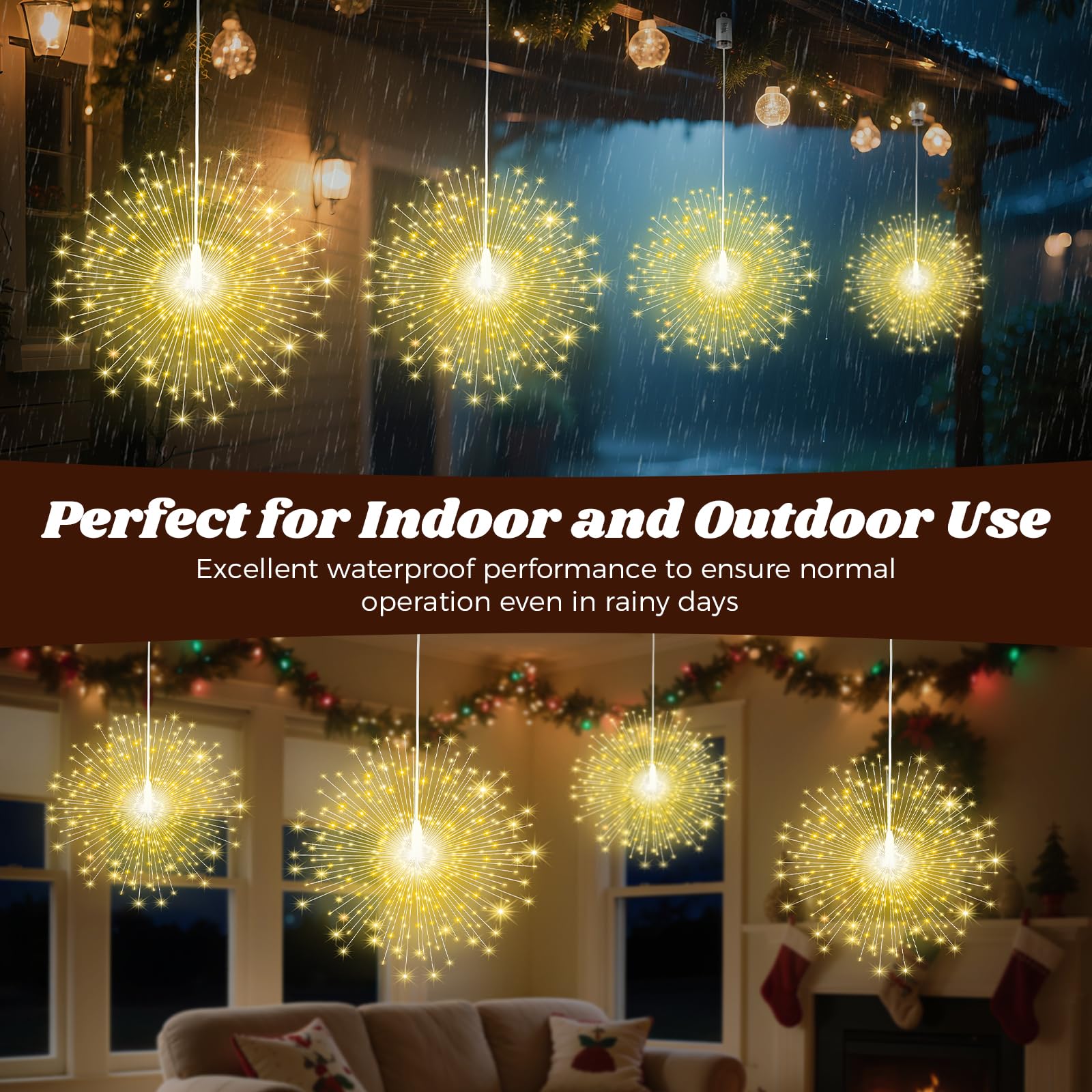 Lewondr Luci Fuochi D'Artificio Natalizi, 4PCS Luce Appendibili Fate Con Telecomando, 200 Luci LED, 8 Modalità, Luce A Stringa Stelle Impermeabili Per Interni Esterni Decorazione, Bianco Caldo