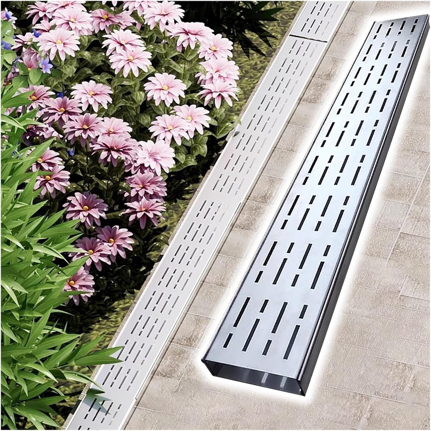 Canaleta Desague con Rejilla 304 Acero Inoxidable, 100/200CM De Largo Canaleta De Drenaje,Rejilla Desague Jardin De Canal para Hormigón, Adoquines, Patios O Caminos Peatonales 15x5x100cm