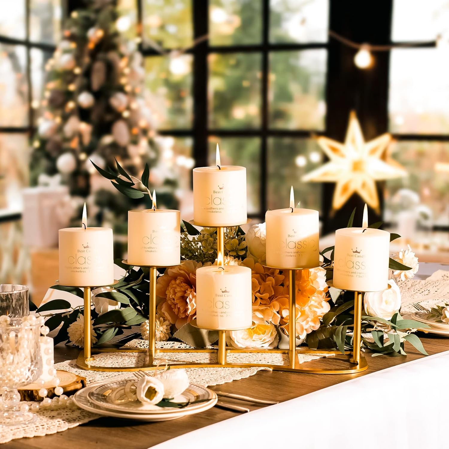 Fireplace Candelabra Fireplace Candle Holder for Inside Fireplace - 6 Arms Gold Candle Stand for Pillar Candles Mantel Floor Wedding Table Centerpieces (Gold, 6 Branch)