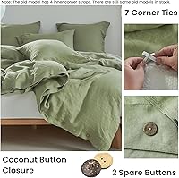 Vista 3 de Simple&Opulence - Juego de funda de edredón 100 % lino, 3 piezas con cierre de botón de coco, de lino francés lavado, color liso, suave, Verde salvia