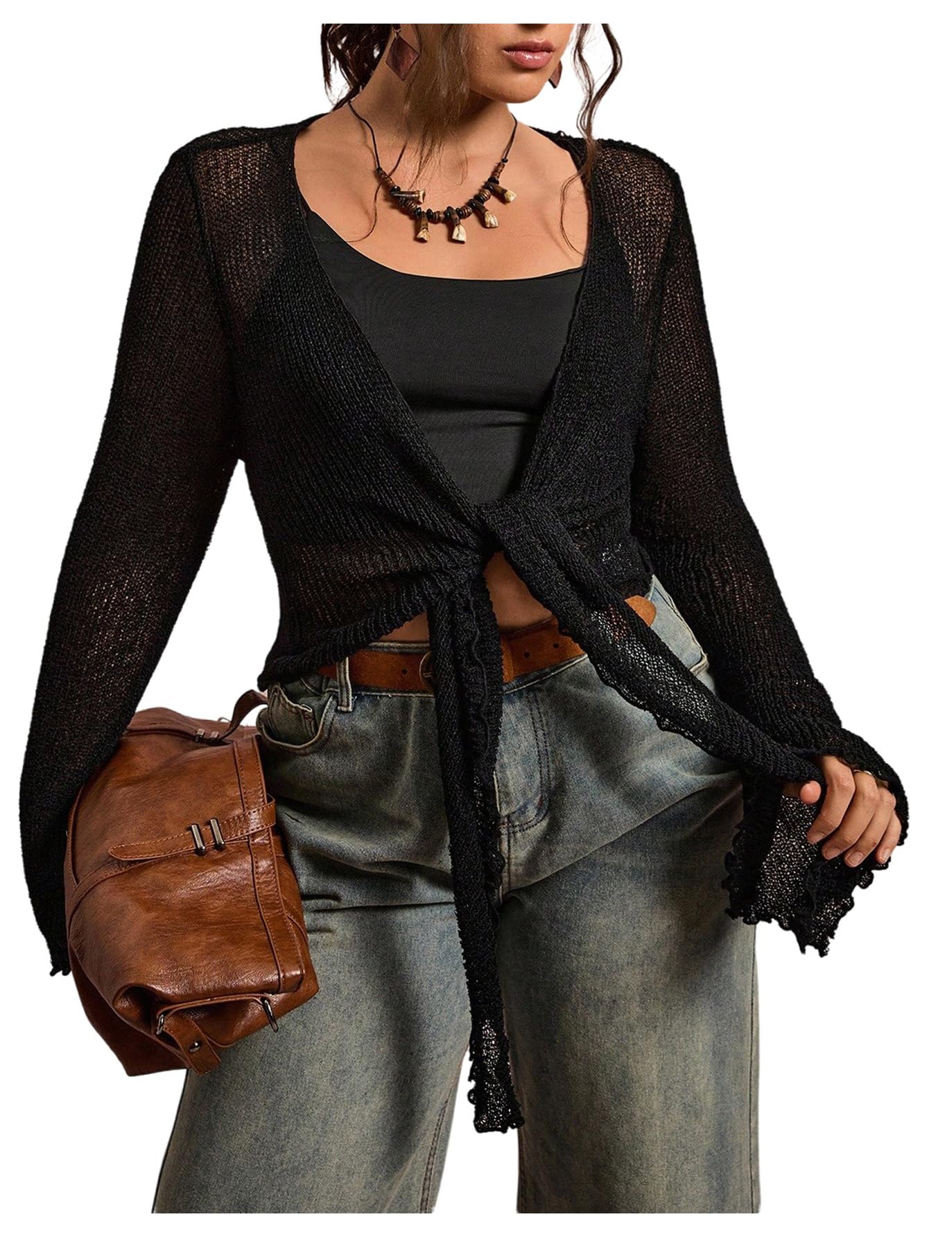 Womens Plus Size Tie Front Cropped Cardigan Sweater Sheer Mesh Bell Long Sleeve V Neck Lightweight Cardigan