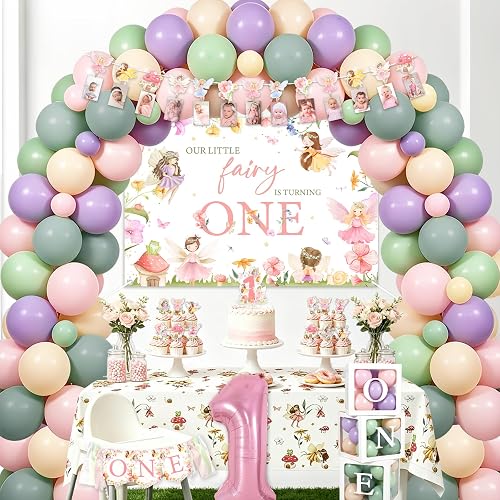 Funmemoir Fairy First Birthday Backdrop Balloon Box Decorations for Girls