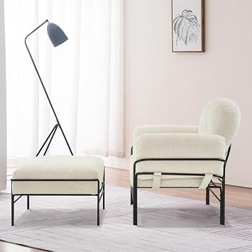 MCombo Modern Accent Chair with Ottoman, Chenille Upholstered Leisure Sofa Chair for Small Space, Living Room & Bedroom 4071 (Beige)