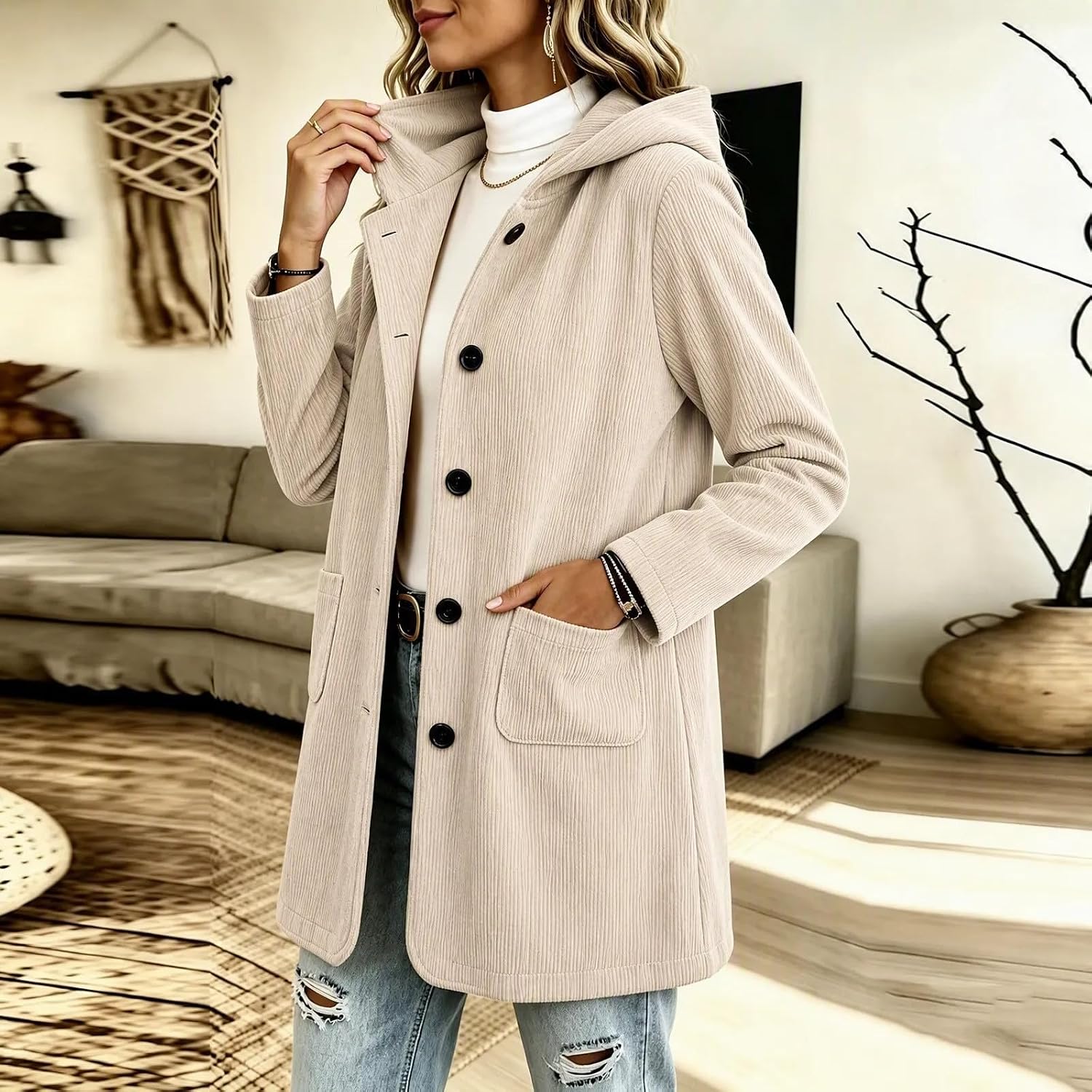 Women's Corduroy Jacket Hooded Button Front Classic Longline Coat