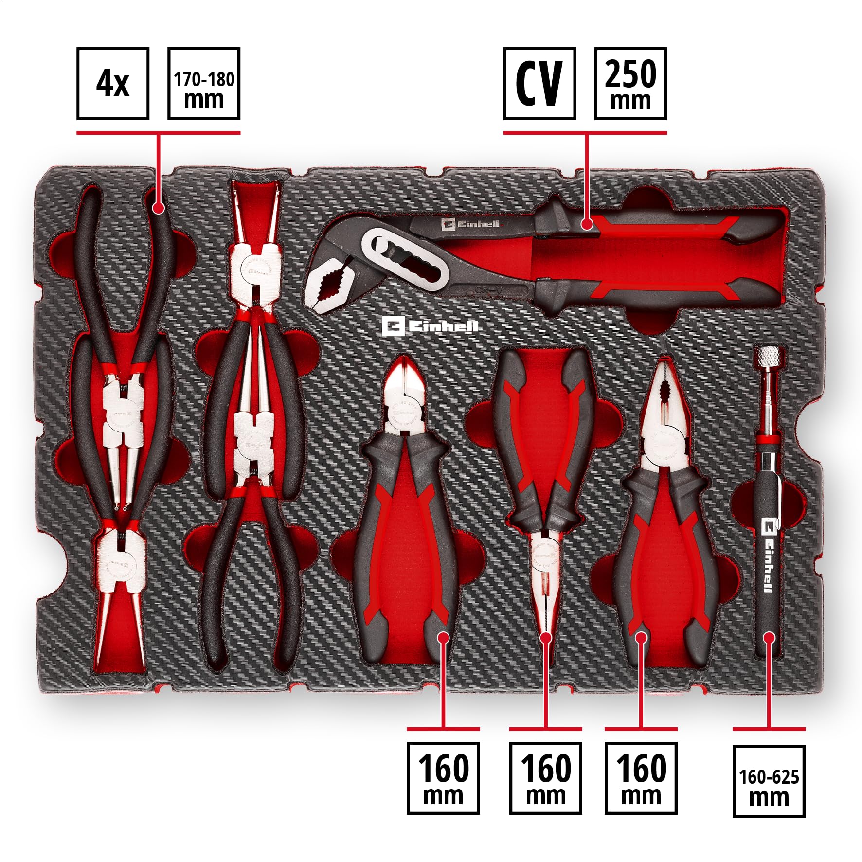 Original Einhell E-Case Pad 9 pièces pinces (set de pinces à circlips, pince multiprise, pince universelle, pince à bec long, pince coupante, aimant télescopique, système E-Case)
