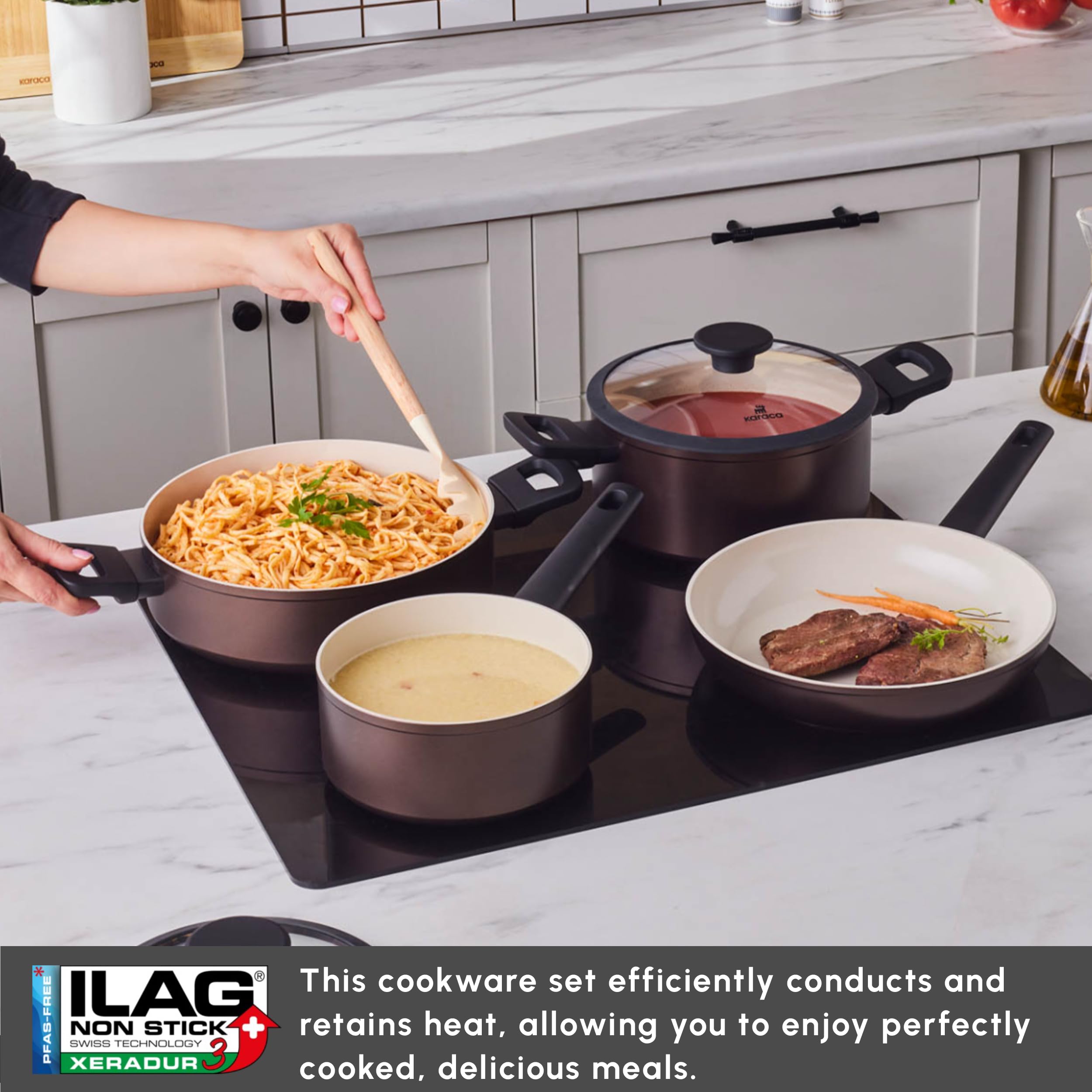 Karaca Ceramica Iconic Bronze - Set di 7 pentole antiaderenti a induzione, lavabili in lavastoviglie, adatte per piano cottura a induzione, colore: bronzo