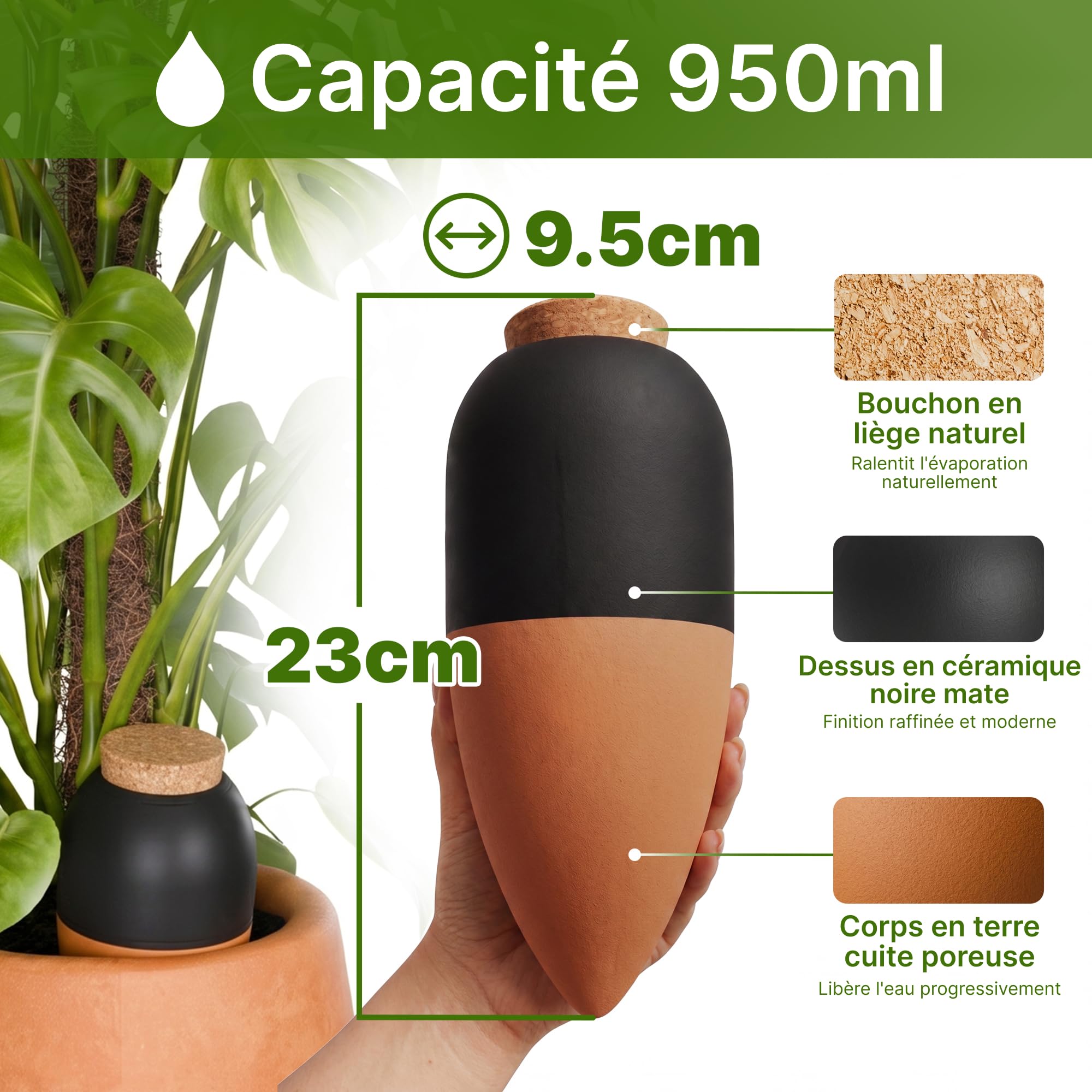 MINISMUS Ollas Terre Cuite, Oya Arrosage Plantes Intérieur, Oyas Autoarrosant, Diffuseur Eau Plante, Cône Arrosage, 950ml 4 Pièce
