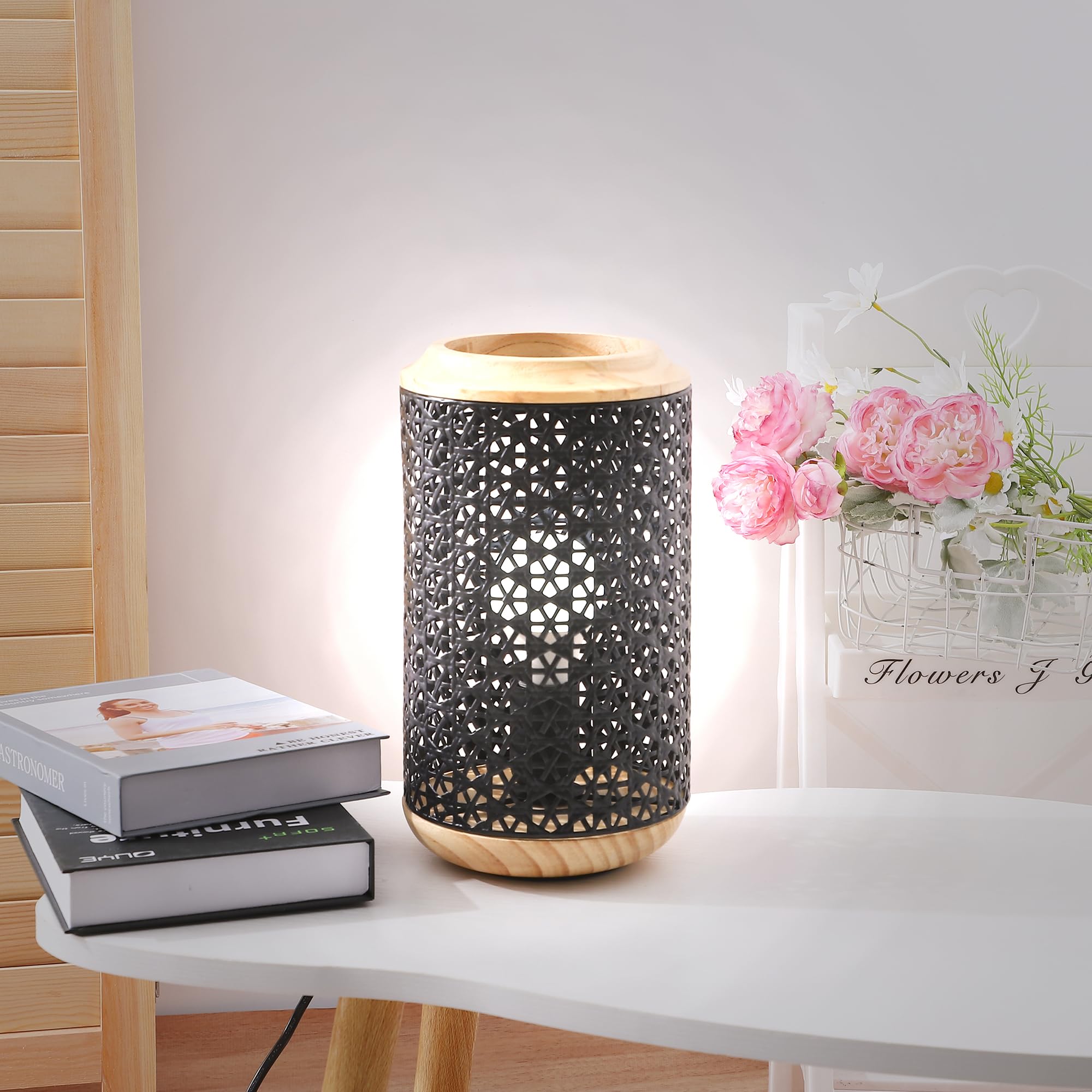 Kuber Industries Aesthetic & Modern Bedroom Lamp for Side Table | Office & Desk Table Lamp for Living Room and Home Decor with Iron Frame & Wooden Base | House Warming Gifts | Black-23T47