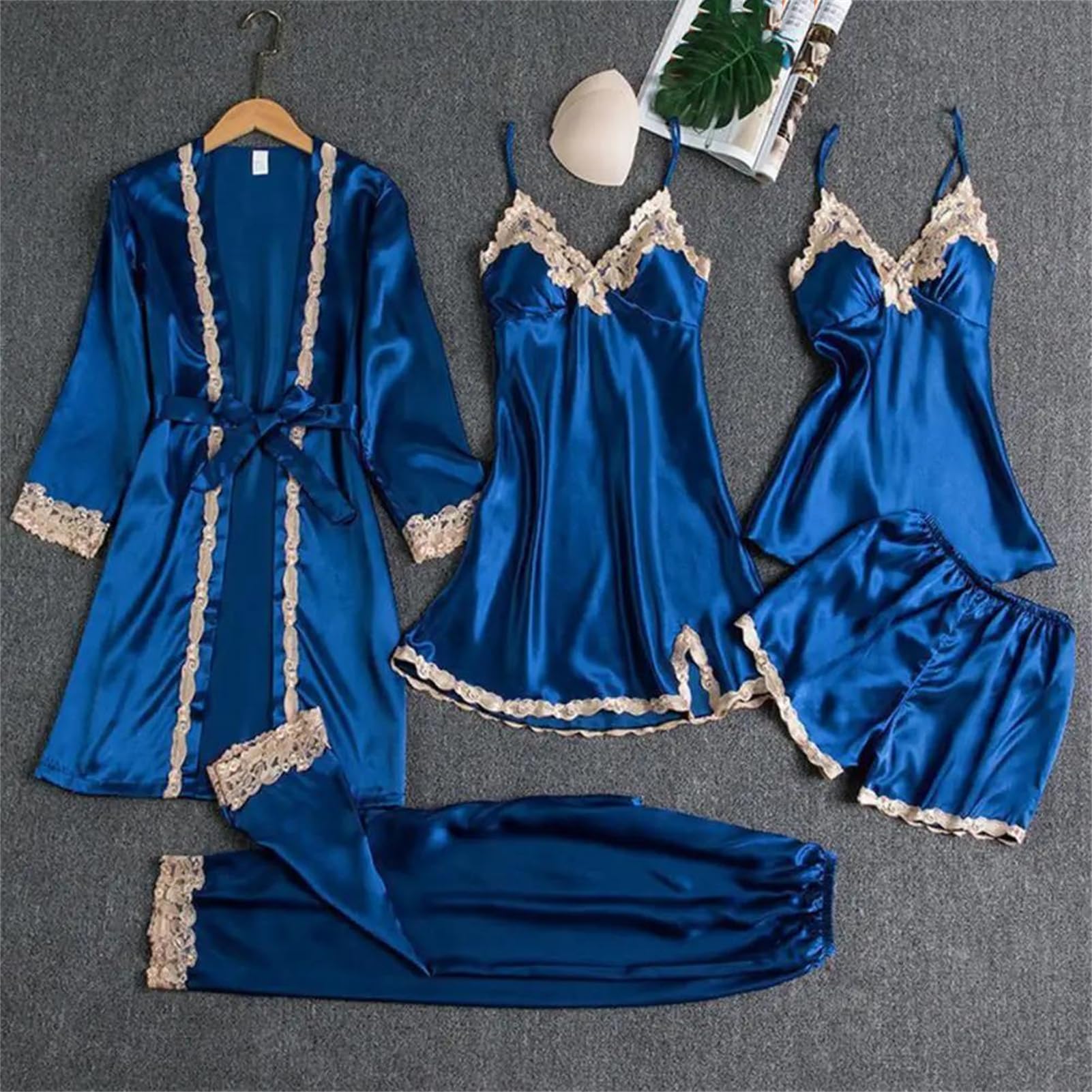 5-teiliges Damen-Pyjama-Set, Nachthemd, Oberteil, Shorts, Hose, seidiger Satin, Spitze, Schnürung, Taille, Nachtwäsche-Set