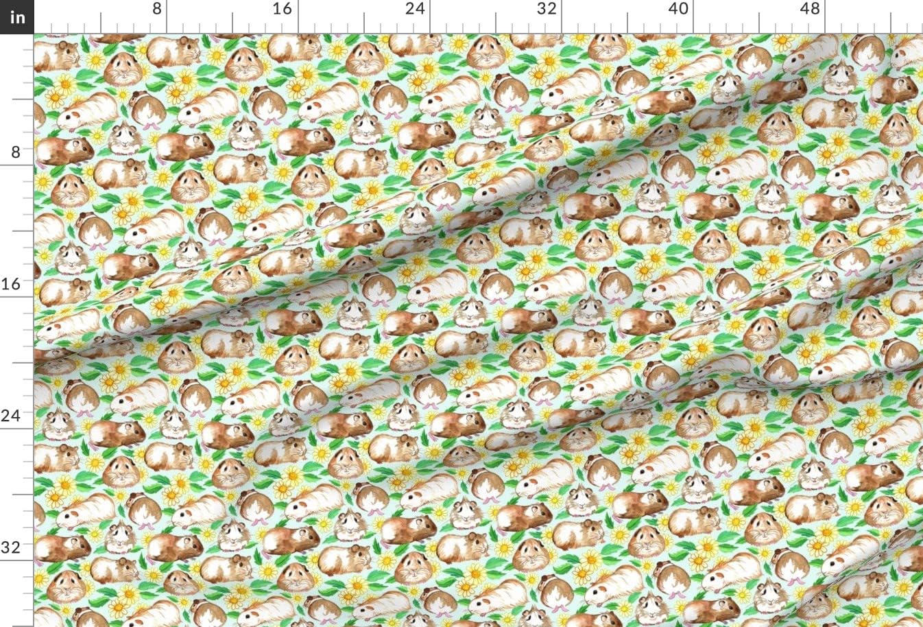 Spoonflower Fabric - Guinea Pigs Daisies Watercolor Pale Mint Pig Illustration Daisy Floral Printed on Minky Fabric by The Yard - Sewing Baby Blankets Quilt Backing Plush