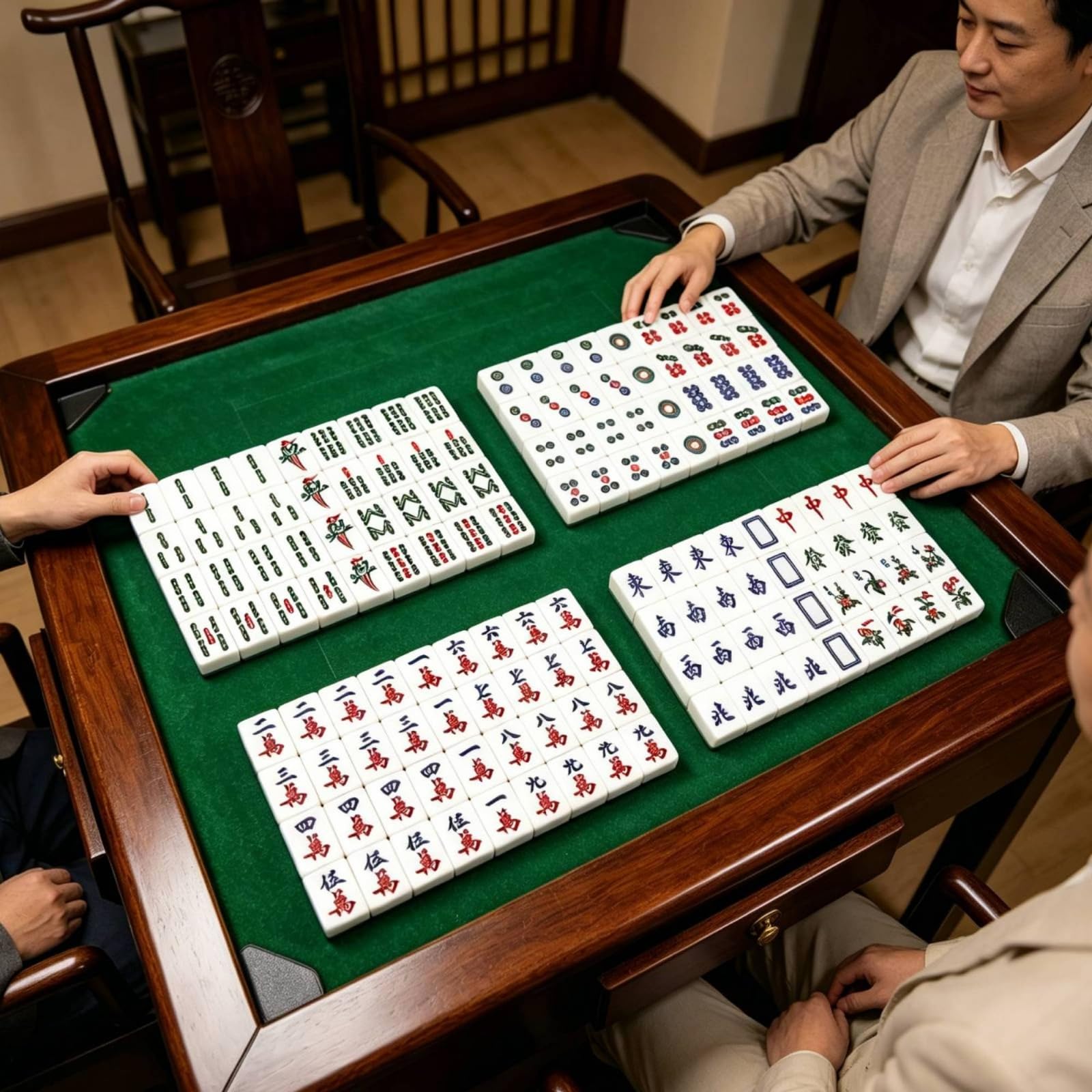 Hongkong-Mahjong-Set Blumensteine 37er-Mahjong-Set Rechteckig Gesellschaftsspiel, Array, Elfenbein Gelb, 7分牙黄 37 +皮盒