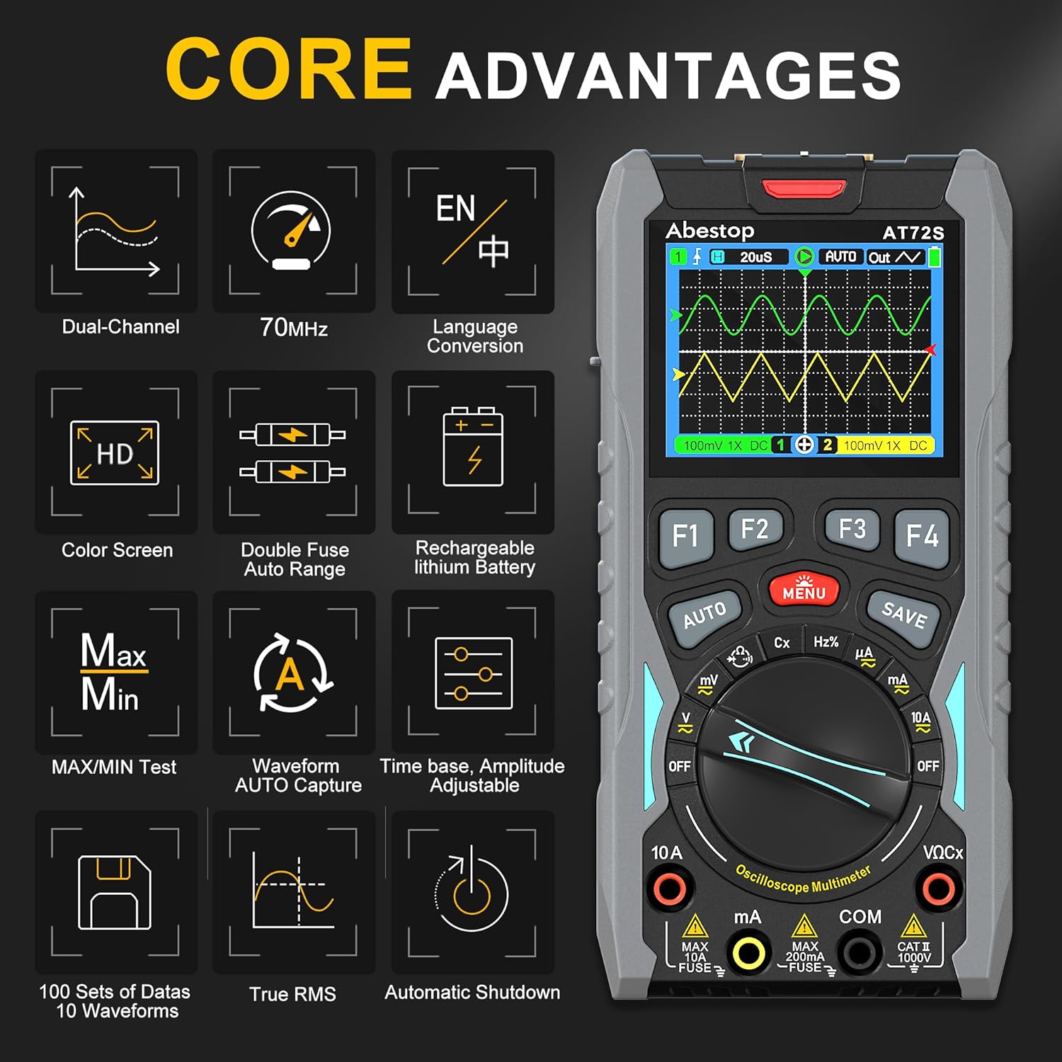 70MHz Bandwdith Digital Oscilloscope Multimeter, Dual Channel AT72S Abestop Oscillograph, 3 in 1 Functions with Digital Multimeter Signal Generator