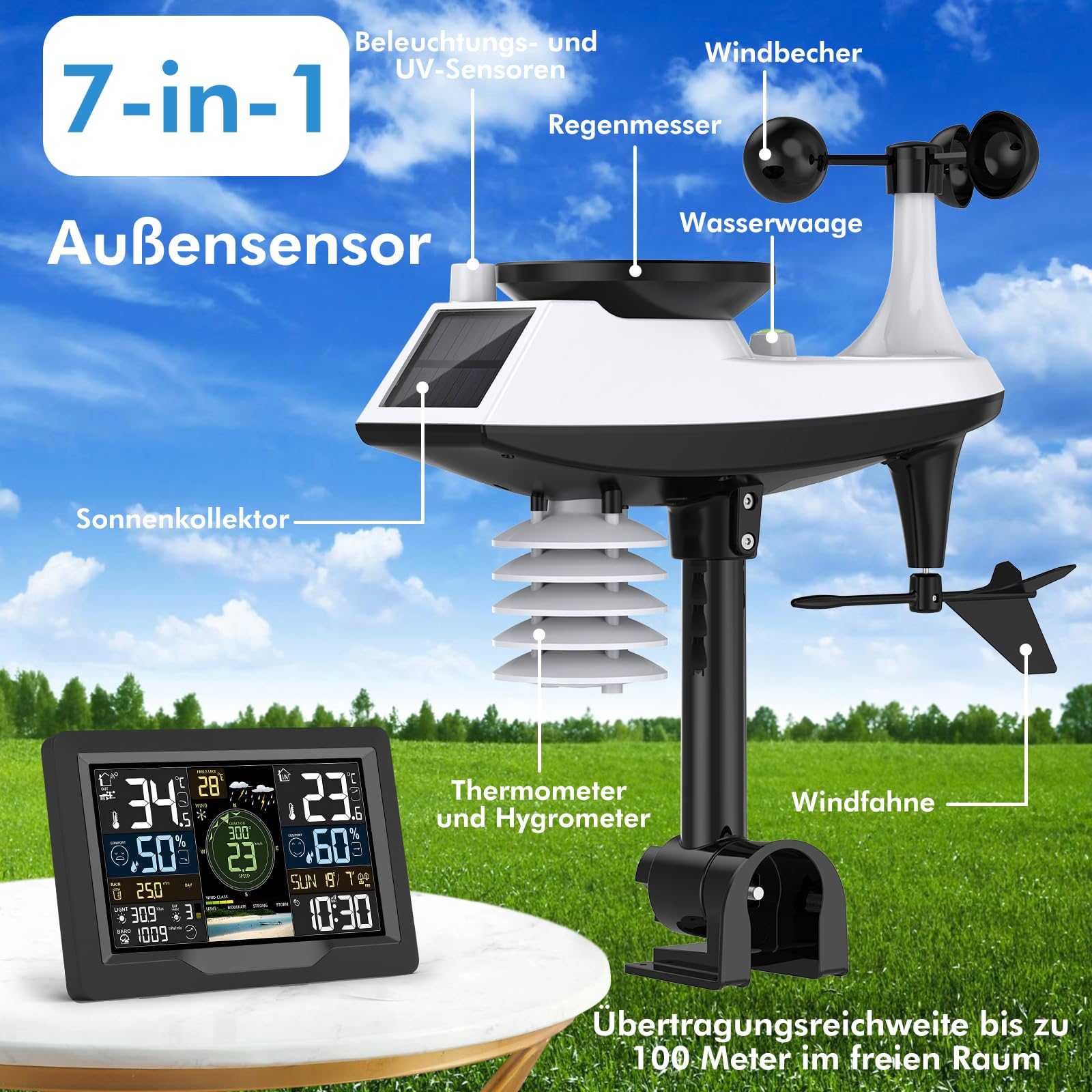 jely Wlan Wetterstation mit APP Wifi Wetterstation Funk mit Außensensor Thermometer Hygrometer Ausen Funkwetterstation mit Windmesser, Regenmesser, Temperatur, Luftfeuchtigkeit, Luftdruck, UV-Index