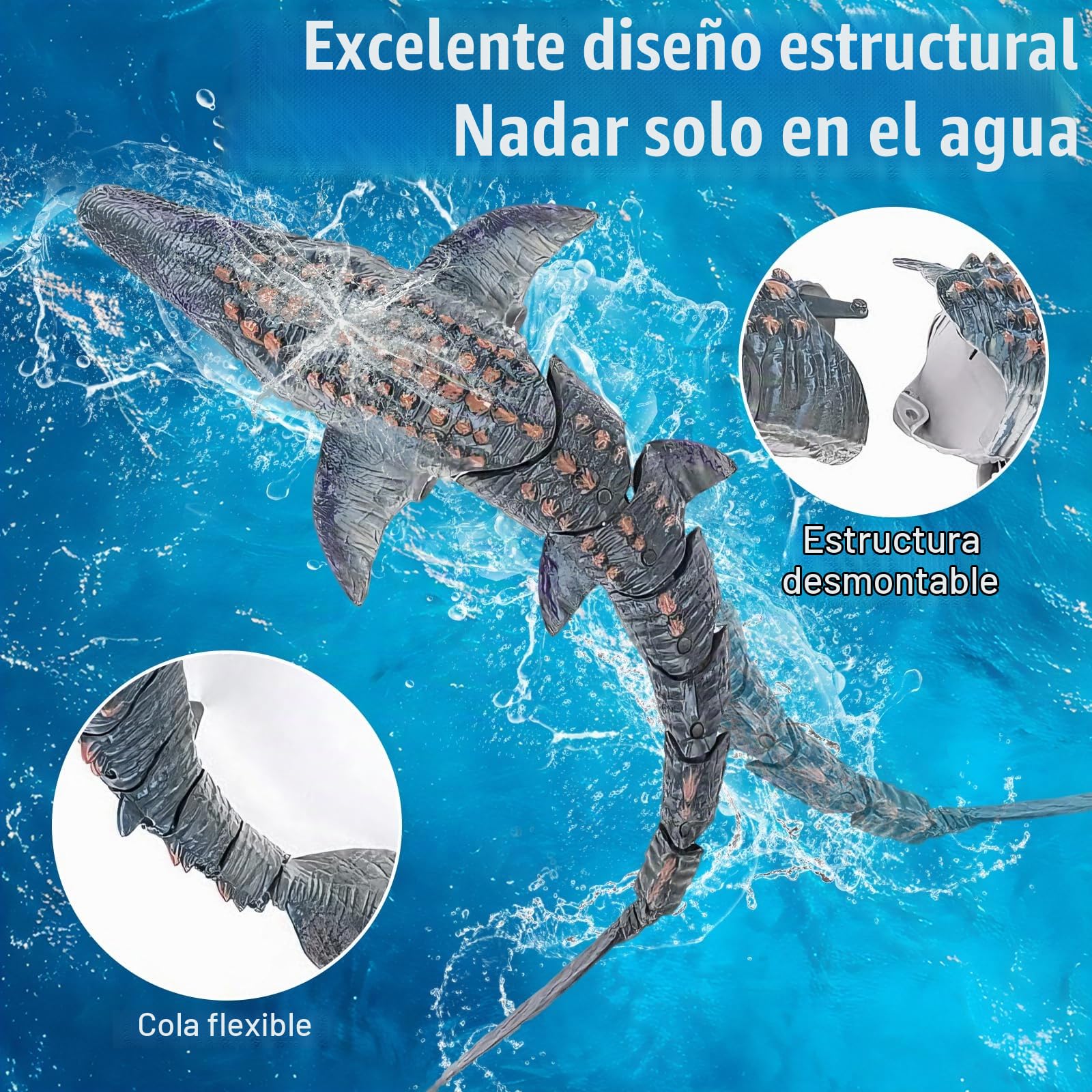 Teledirigido Mosasaurus RC Barco, 2,4 GHz Control Remote Tiburones | Barco para Piscinas y Lagos, Juguetes Eléctricos de Dinosaurios, Rociar Agua, 2 Baterías, Regalo para Niños y Niñas (Gris)