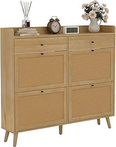 GarveeHome Shoe Cabinet with 4 Rattan Flip Drawers & 2 Drawer, Hidden Free-Standing Shoe Rack, Wooden Shoe Storage Cabinet with Legs for Entryway Hallway, Living Room