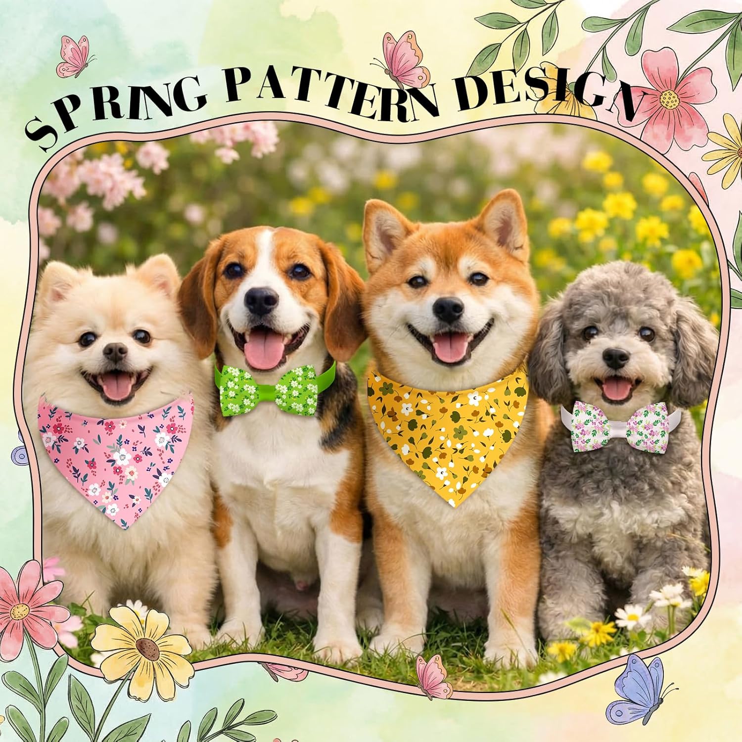 Sanwuta 50 Pcs Spring Dog Bandanas and Collar Bow Ties Set 25 Bandanas Bulk 25 Charm Dog Collar Pet Triangle Pet Scarf Bowtie for Small Medium Large (Spring Fresh)