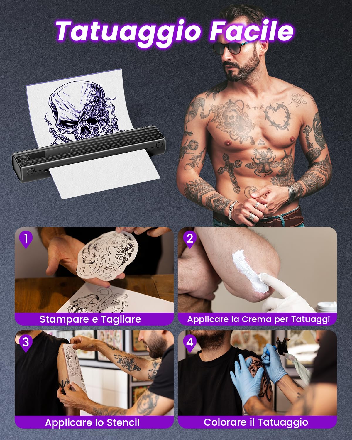 ASprink Stampante Stencil Tattoo, TP83 Stampante Tatuaggi Bluetooth per Artisti e Principiante di Tatuaggi, Stampante Termica tatuaggi con 10 Fogli di Carta, Compatibile con Smartphone, Tablet e PC