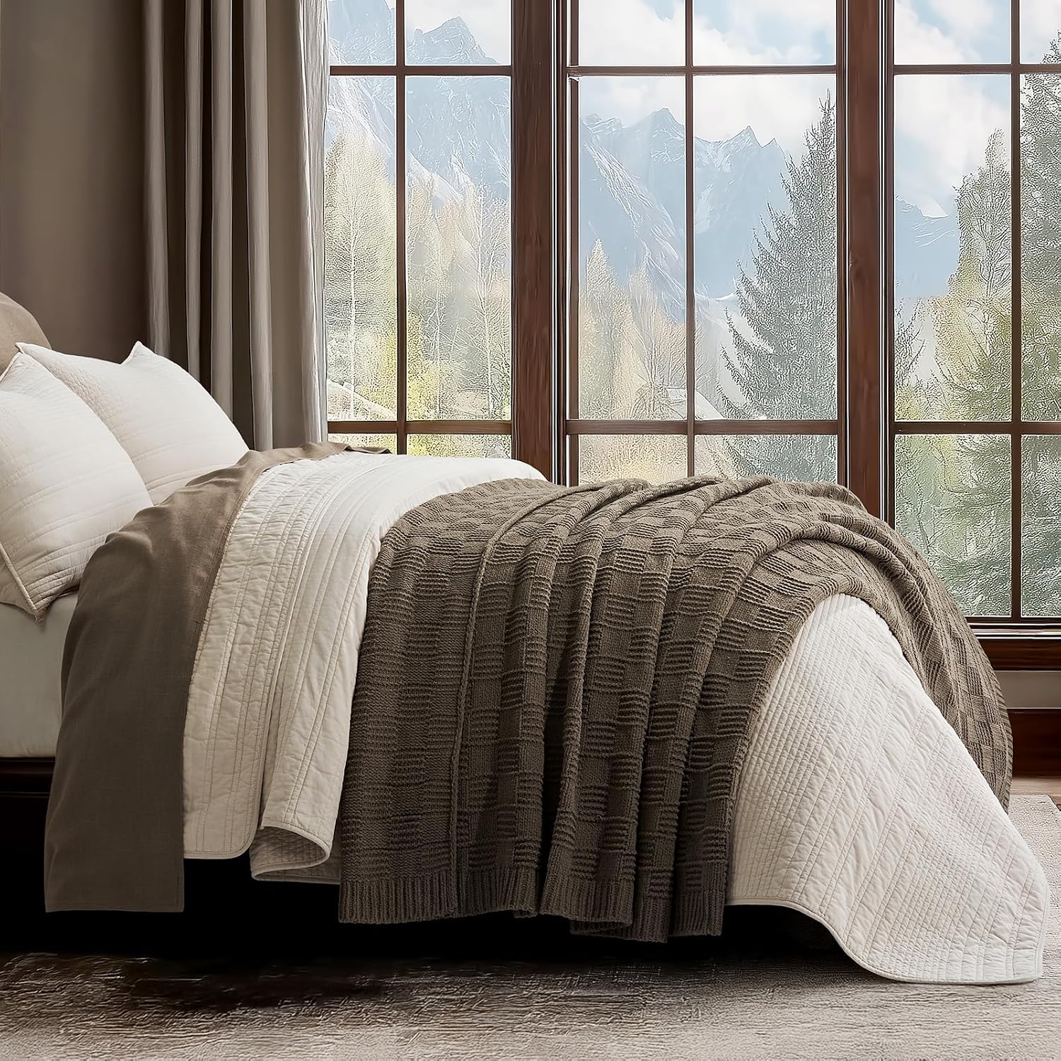 evergracehome modern checkered chenille throw blanket, soft cozy plaid knitted chair blanket for sofa couch, decorative knit throw for bed and living room, mocha brown, 50" x 60" mocha brown 50" x 60"