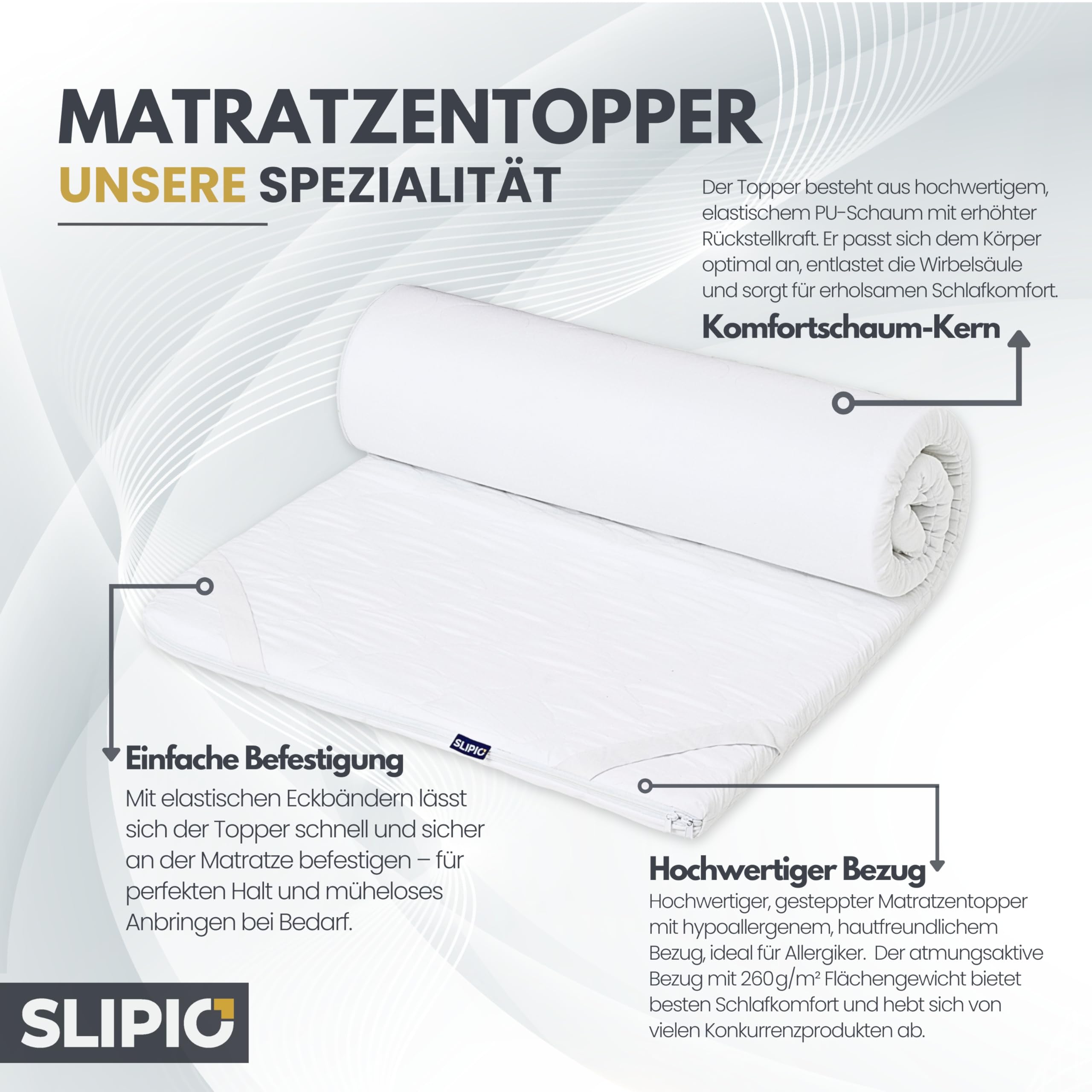 Surmatelas 140 x 180 cm - 6 cm de haut - Massage ergonomique profilé 5 zones - Adaptation optimale au corps - Housse respirante et lavable en machine - Surmatelas hypoallergénique
