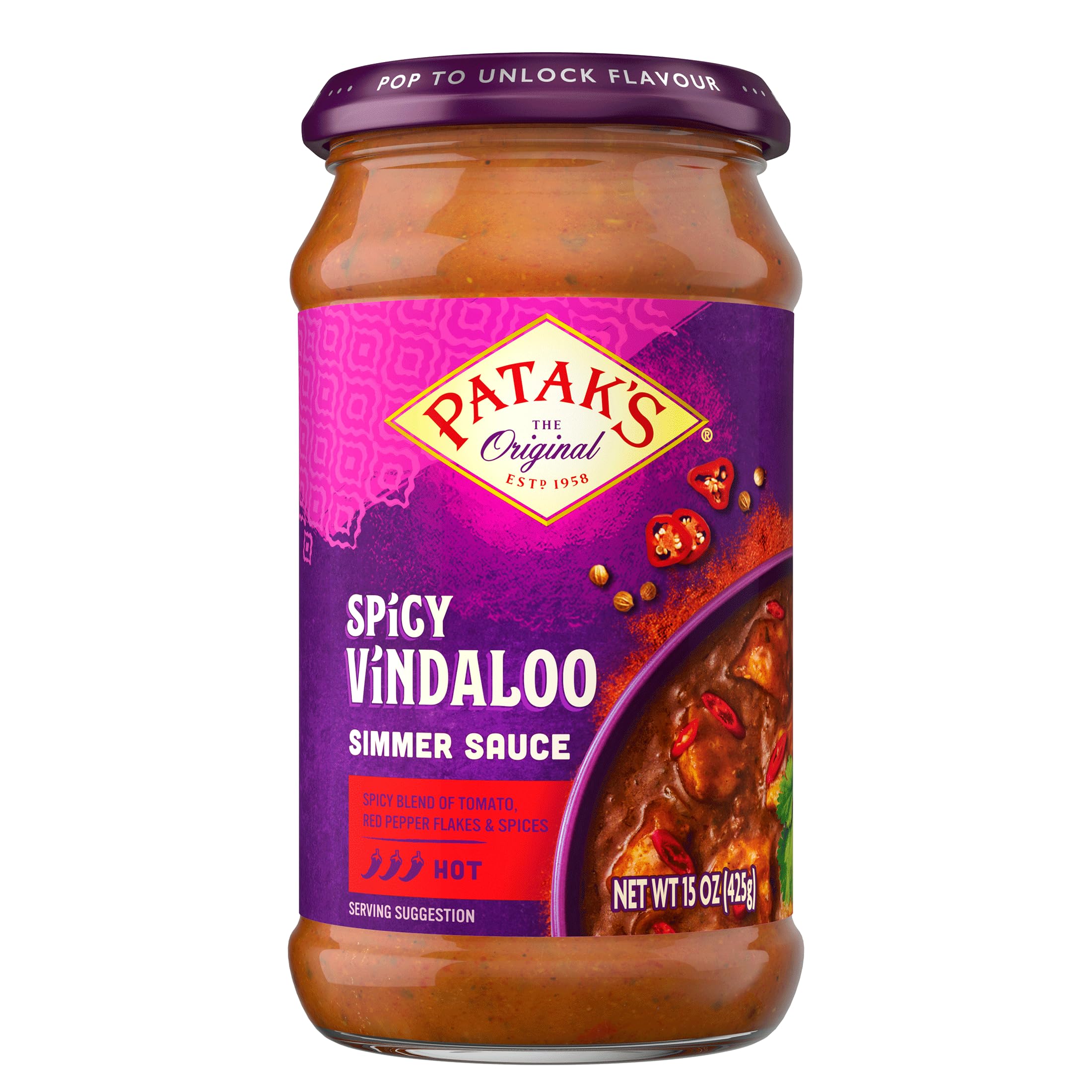 Patak’s Spicy Vindaloo Simmer Sauce - Extra Spicy Curry Sauce - Made with Tomato Paste, Chile & Spices - Gluten-Free & Vegan Indian Sauce - Perfect