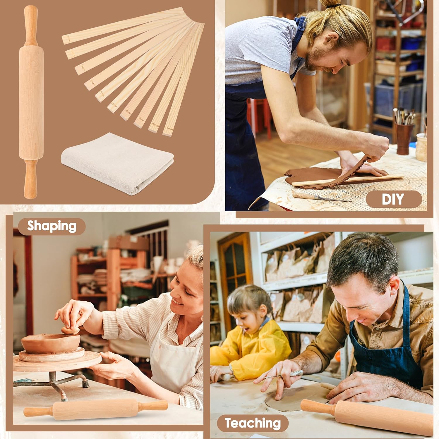 12 Pcs Pottery Tools Set, Include17in Slab Roller for Clay Pottery and 10 Pcs 5 Size Wooden Rolling Pin Guides, 1 Linen Tablecloth for Ceramic Clay Making
