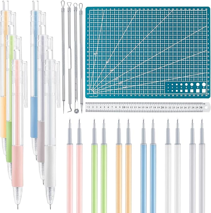 Lanties 24 Pcs Art Cutting Tools Kit, 6 Carving Craft Paper Pen Cutting Tool with 12 Refills 4 Weeding Art Tool Double Sided Cutting Mat for DIY Project Art Hobby