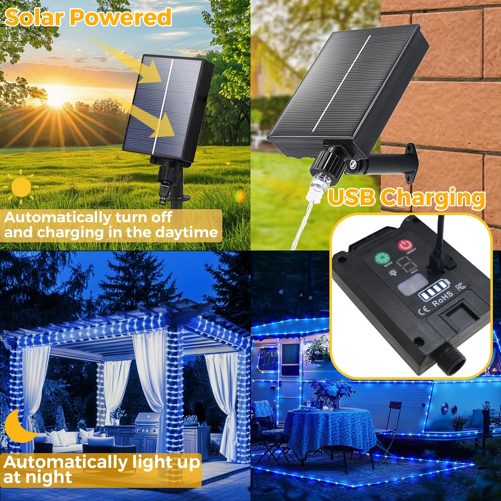 Aofonchy Solar LED Rope Lights Outdoor, 66Ft 200 LEDs Waterproof Tube String Lights with 8 Modes & Remote Control - Image 4