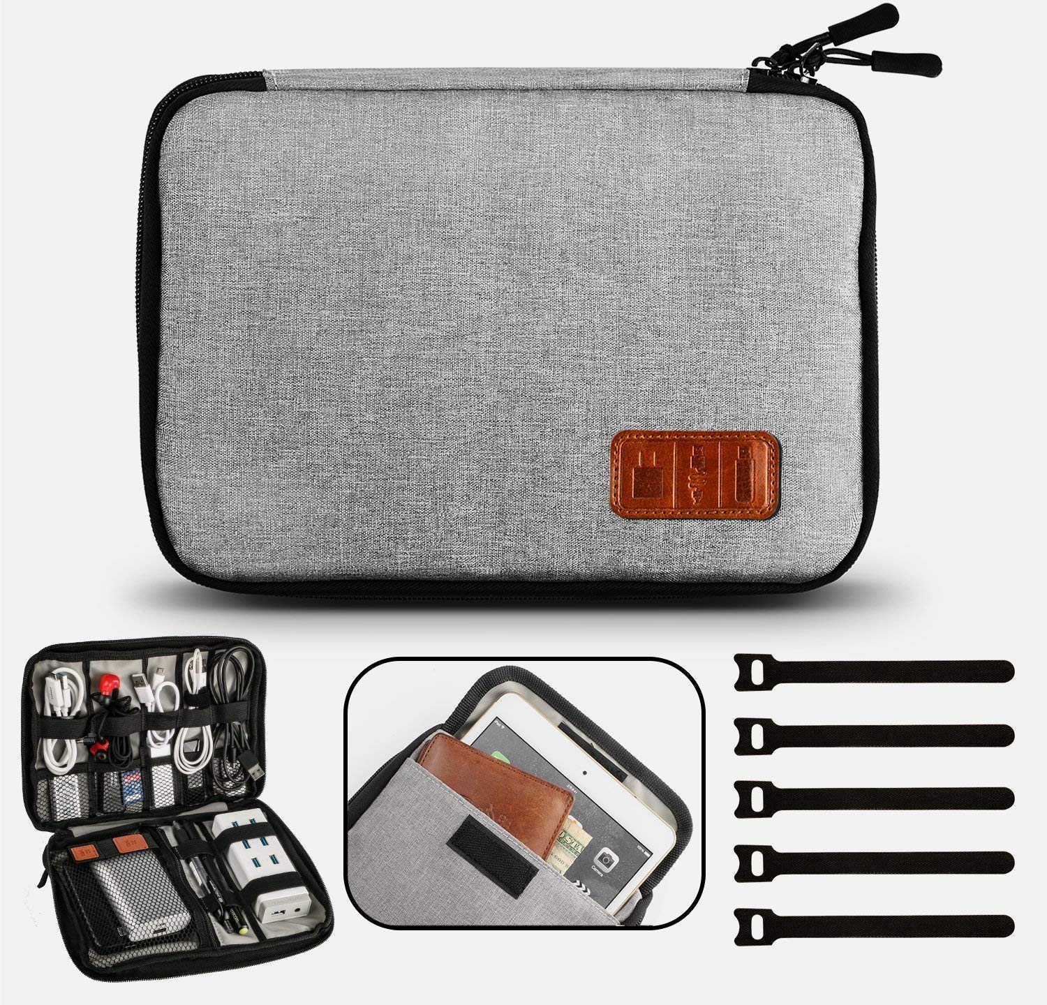 Travel Cable Organizer Bag Waterproof Electronic Accessories Soft Case with 5pcs Cable Ties for USB Drive Phone Charger Headset Wire SD Card Power Bank (Grey)