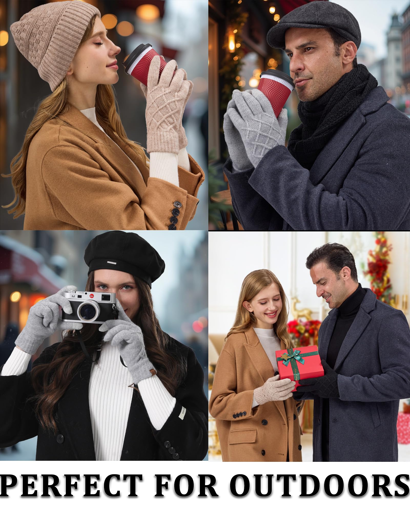 REACH STAR 2 Pairs Winter gloves for women Touch screen Elastic Thermal knit Lining Warm Gloves for Cold weather: Khaki+dark Gray