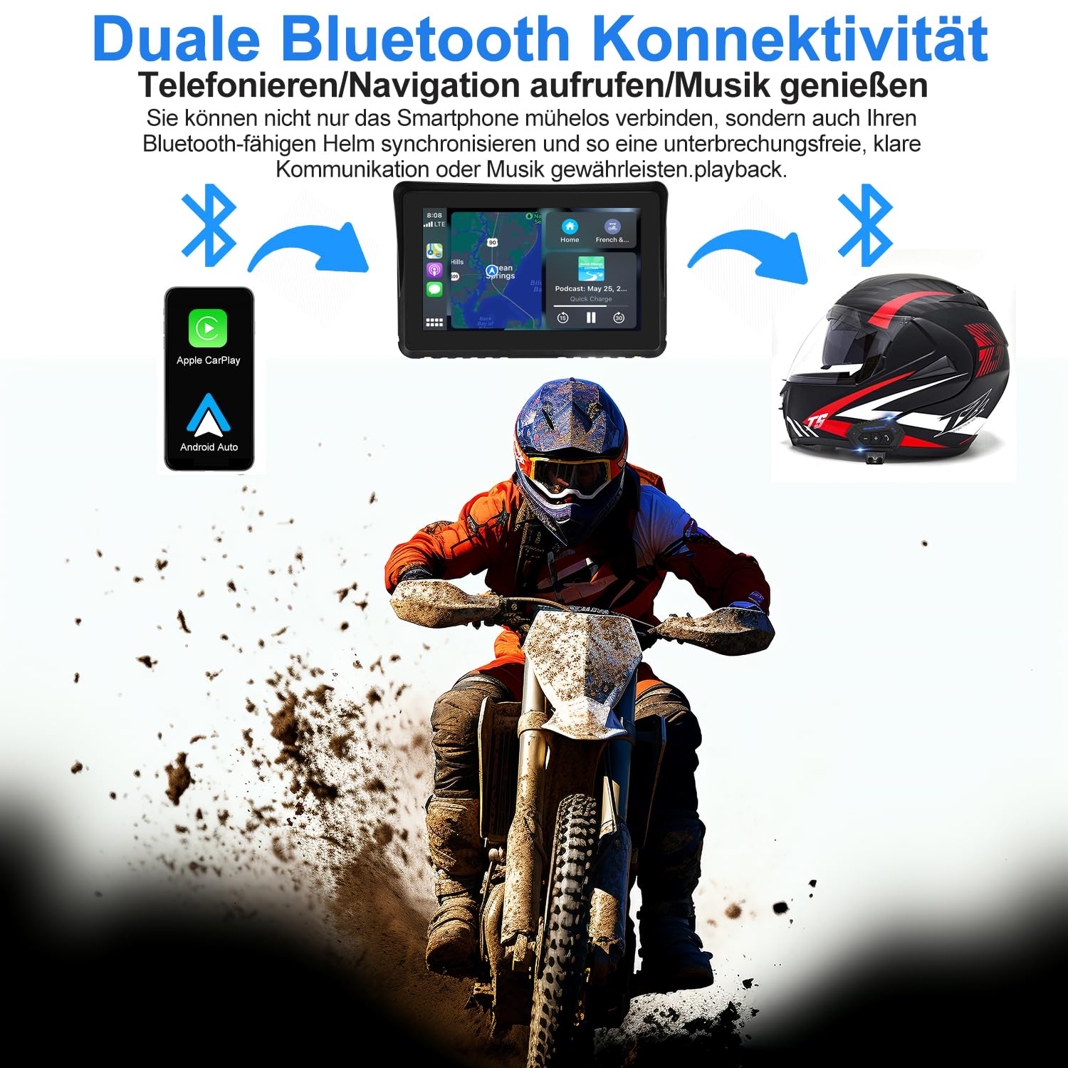 Kabelloser CarPlay für Motorrad, Tragbares Android Auto für Motorräder, 7 Zoll Motorrad GPS Navigation mit IP67 Wasserdichter, Duales Bluetooth/Sprachsteuerung/Navigation/FM/Mirror-Link