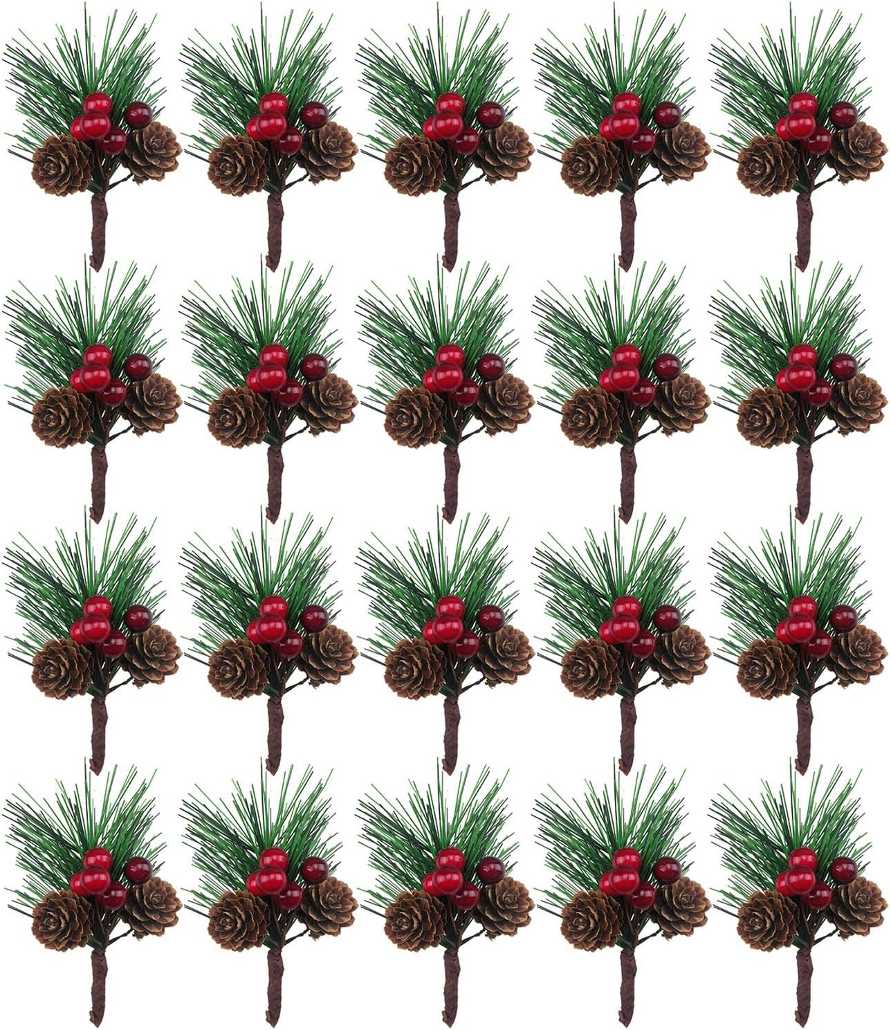 20PCS Artificial Pine Picks Small Pine Tree Plants Red Pinecones for Christmas Flower Arrangements Wreaths and Holiday Decorations