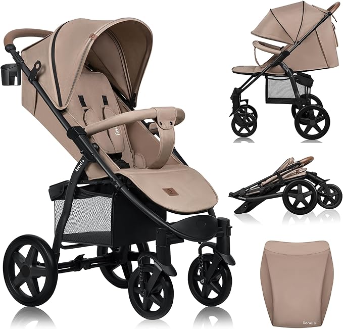 LIONELO Annet passeggino leggero pieghevole grigio regorabile con posizione sdraiata con ruote EVA cappottina XXL con zanzariera coprigambe portabibite fino 22 kg