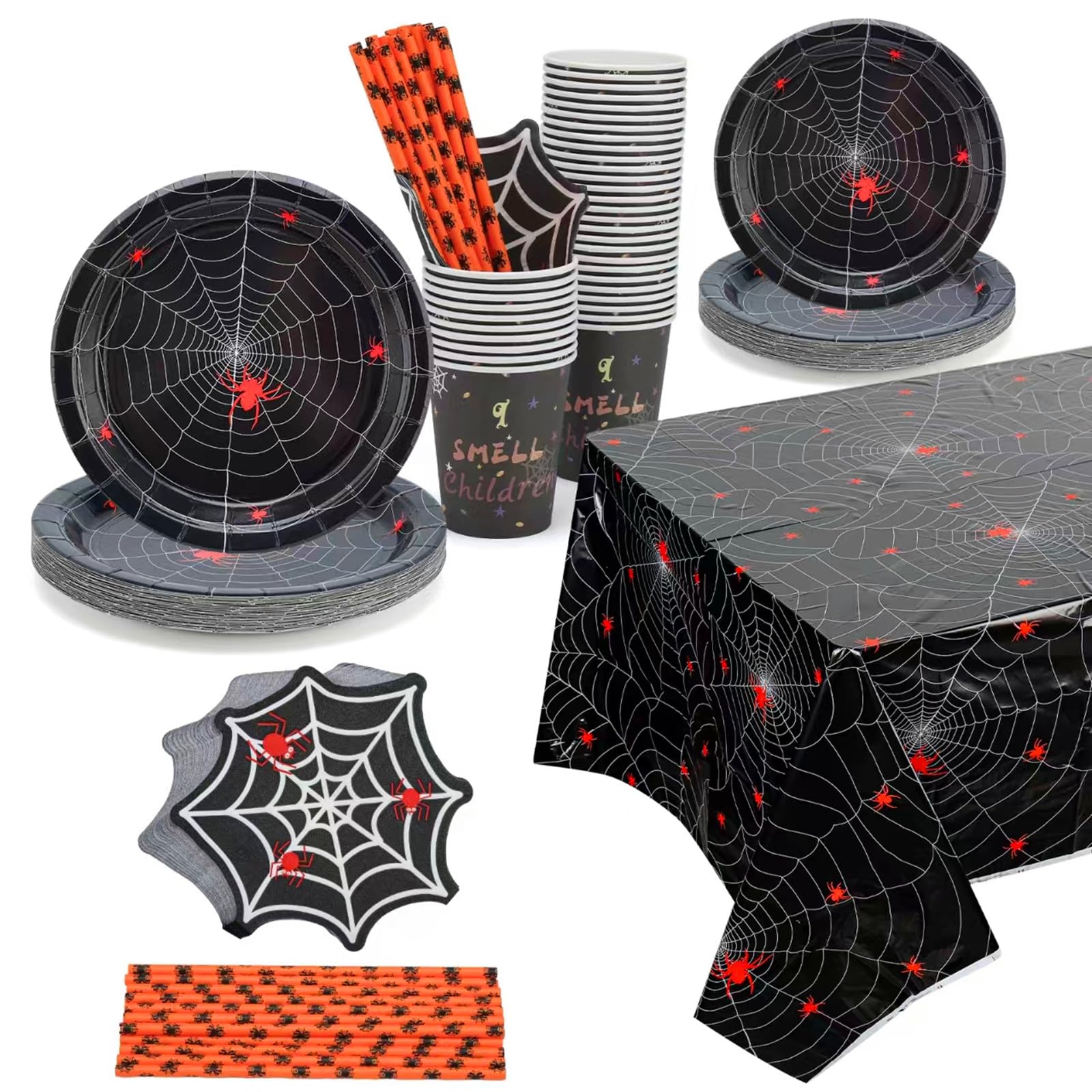 122 Pcs Halloween Party Supplies Spider Web Tableware Set - Include Dessert Plates,Cups, Napkins, Tablecloth, Straws, Black Disposable Halloween Dinnerware for Halloween Party - Serve 24