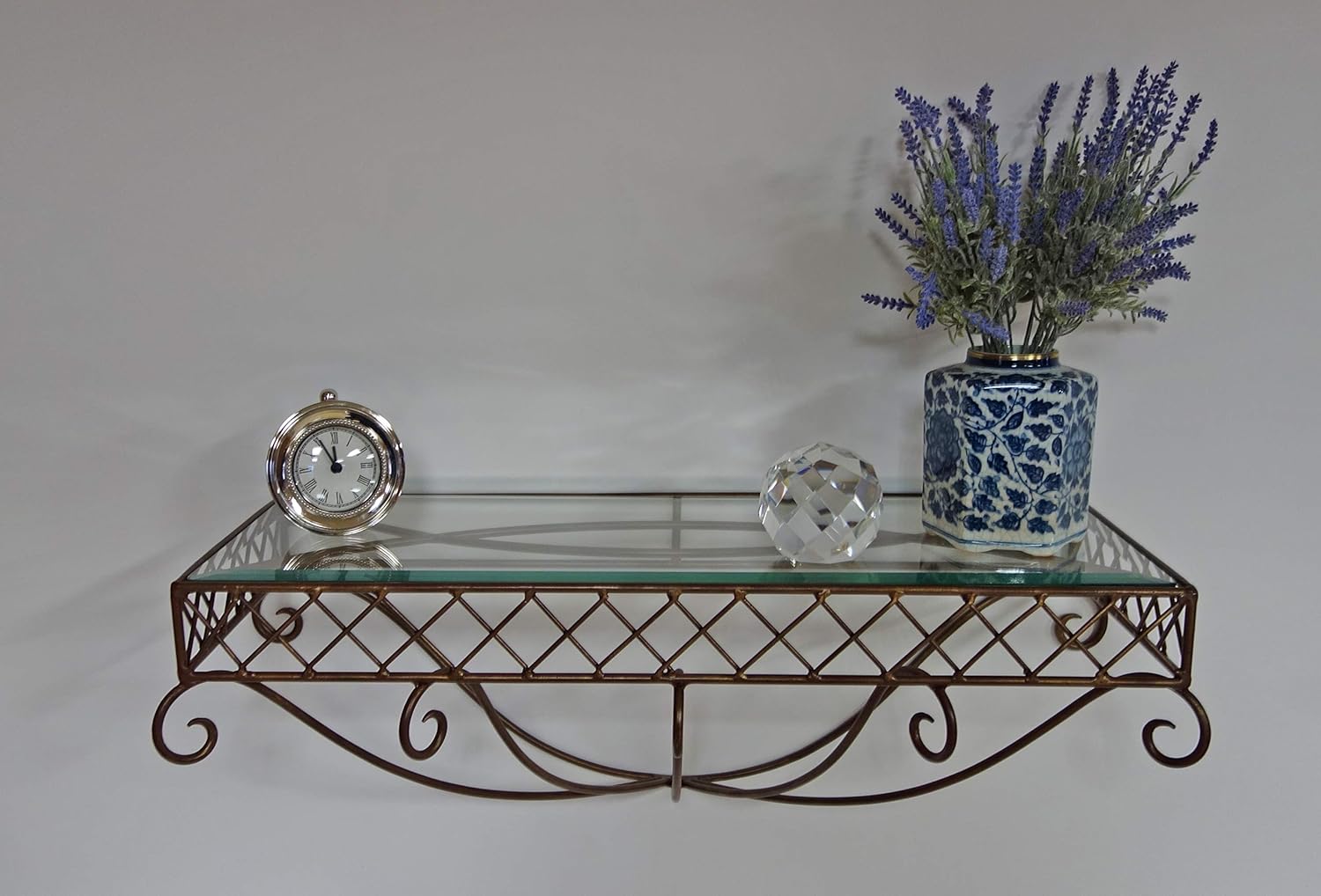 Antique Brass Floating Shelf with Beveled Glass Top Home