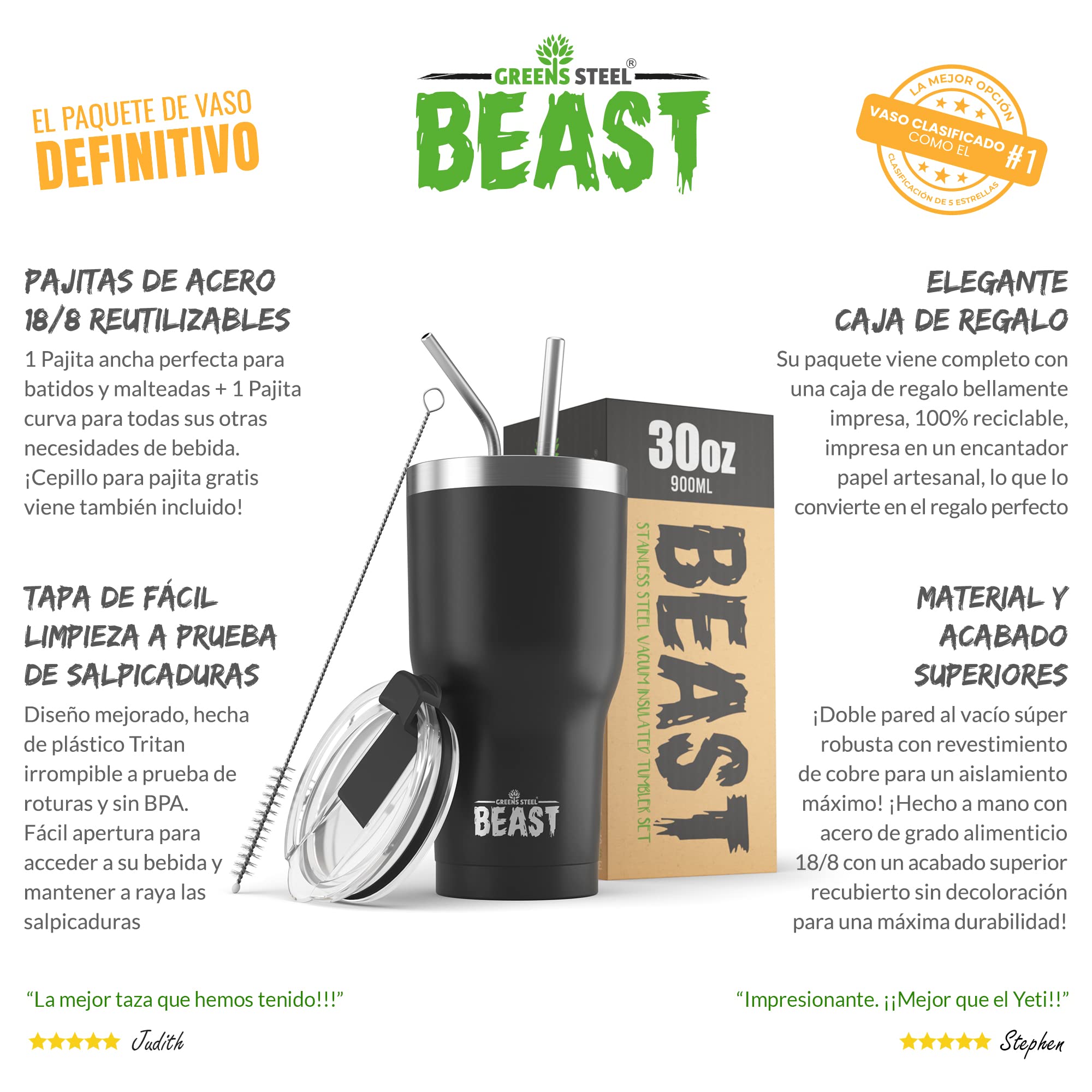 Greens Steel Beast Tumbler – 900 ml (30 oz), Negro Mate | Vaso de acero inoxidable reutilizable con aislamiento al vacío | con 2 pajitas y cepillo de limpieza | Termo de viaje de doble pared - 4